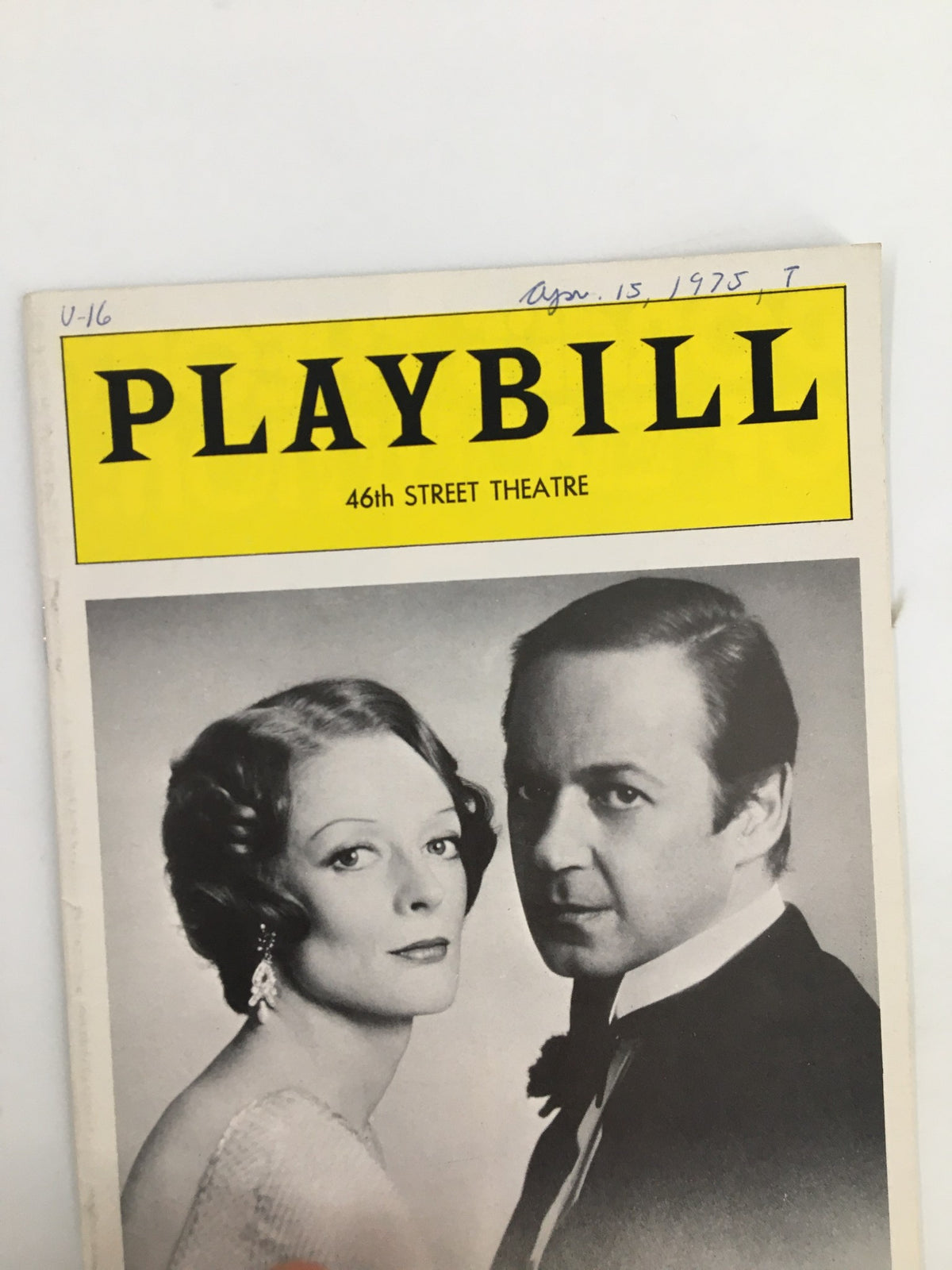 Close-up of the 1975 Playbill for 'Private Lives' at 46th Street Theatre showcasing actors Maggie Smith and John Standing.