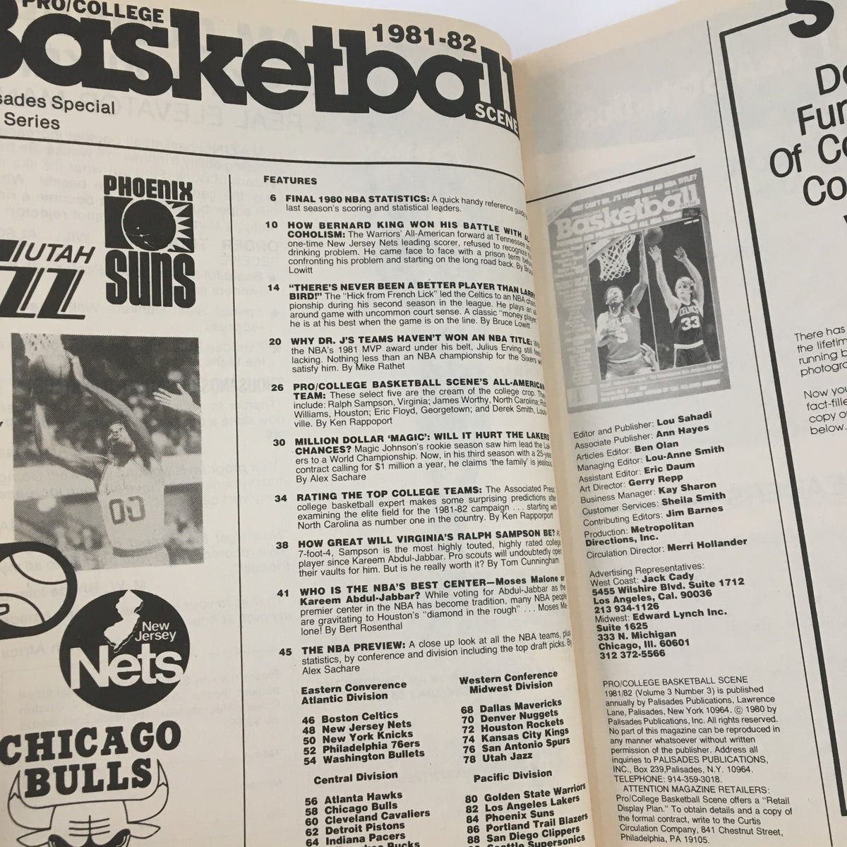 Inside pages of the 1981-1982 Pro College Basketball Scene magazine, displaying features and statistics related to college and NBA basketball.