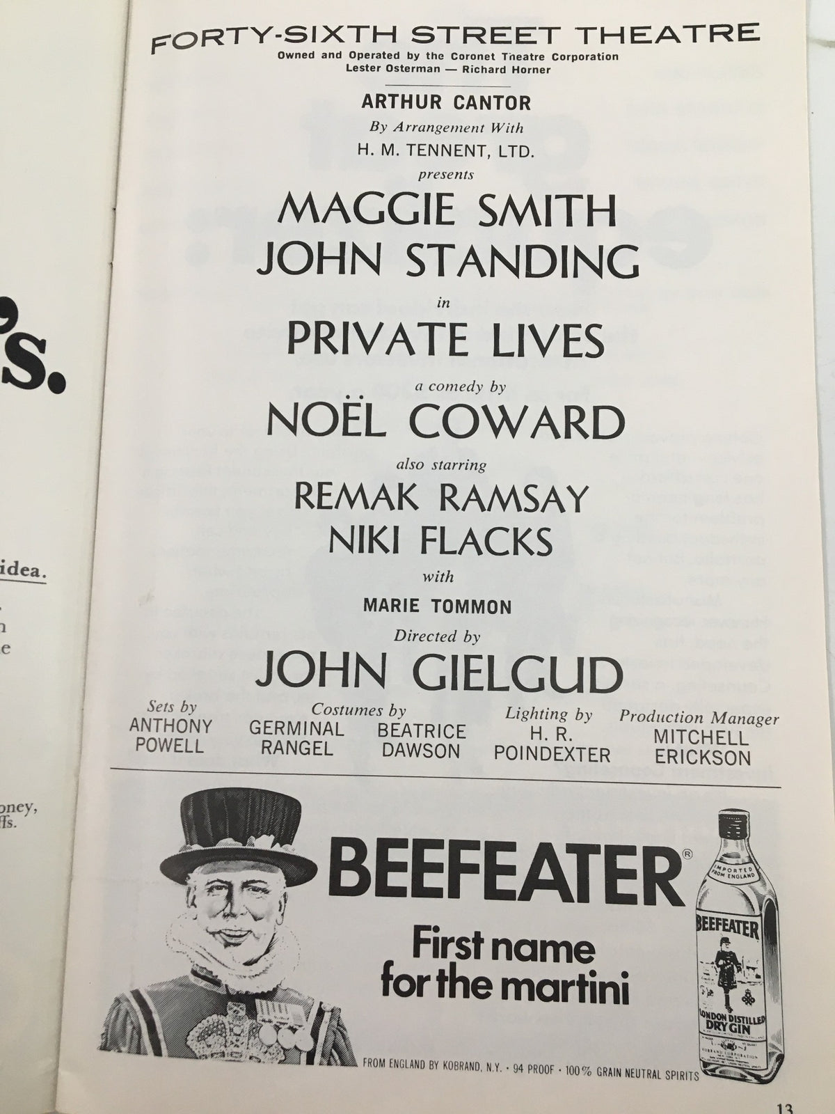 Inside page of the 1975 Playbill for 'Private Lives' at 46th Street Theatre listing cast and production details.