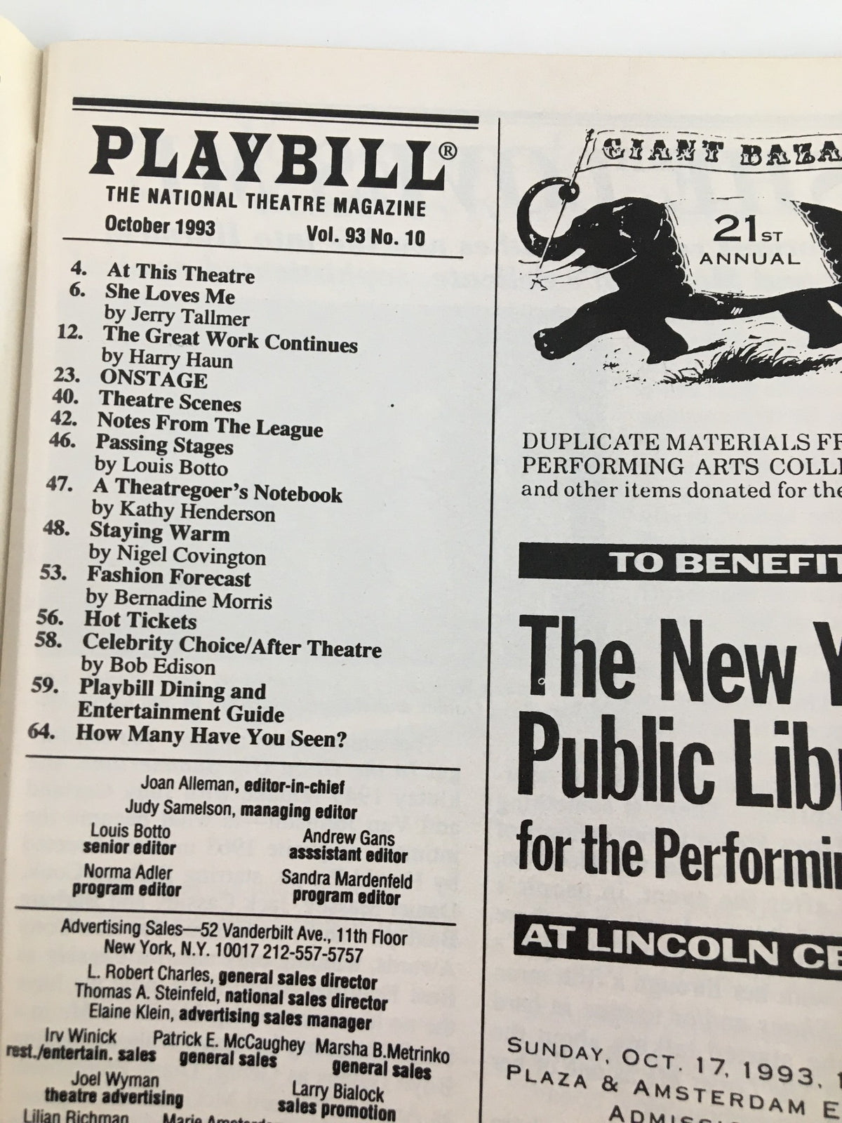 Interior page of the October 1993 Playbill for 'She Loves Me' showing the table of contents and editorial team details.