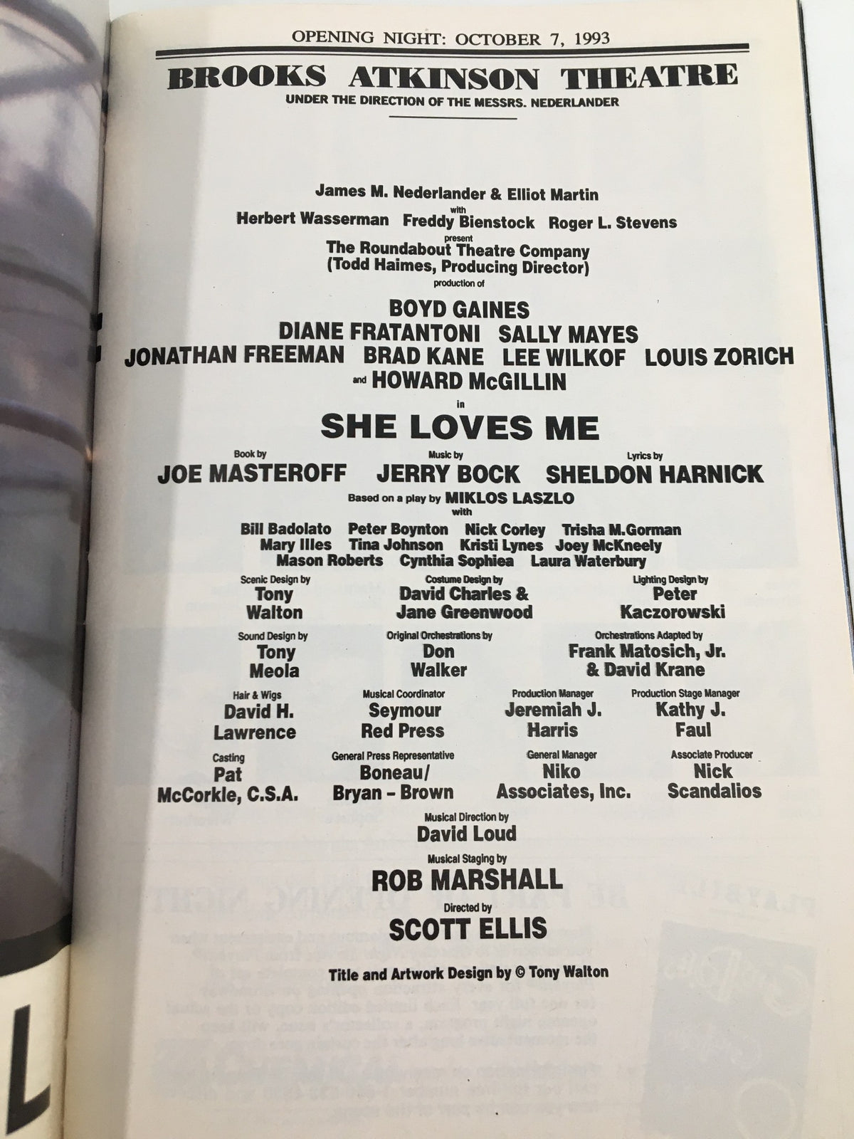 1993 Playbill from Brooks Atkinson Theatre featuring the cast of 'She Loves Me' with Boyd Gaines and Sally Mayes, showcasing opening night details and production team credits.