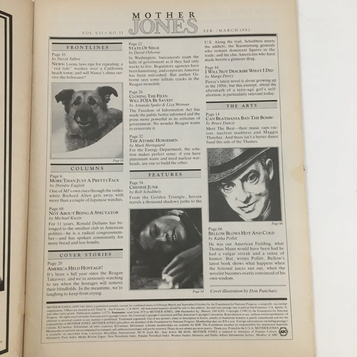 Interior page of Mother Jones Magazine February 1982 displaying the table of contents, listing articles and features from that issue, including 'America Held Hostage!' and 'More Than Just a Pretty Face'.