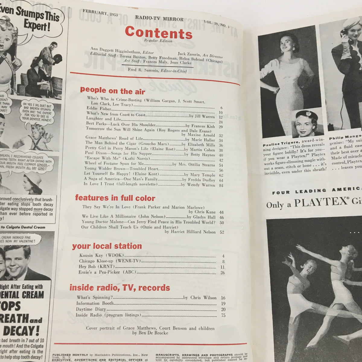 Contents page of Radio TV Mirror Magazine February 1953 featuring articles on Grace Mathews, Court Benson, and various TV and radio shows from the era.