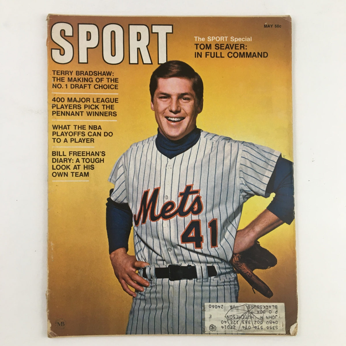 Sport Magazine May 1970 cover featuring Tom Seaver in a Mets jersey, celebrating the legendary athletes Seaver and Bradshaw as No. 1 draft choices.