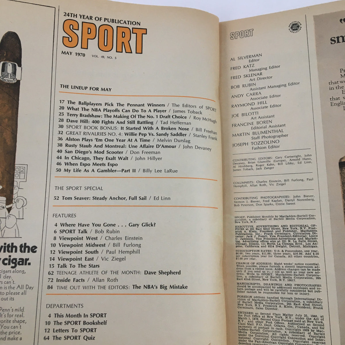 Inside page of Sport Magazine May 1970 displaying the table of contents, showcasing featured articles including Tom Seaver's special segment.