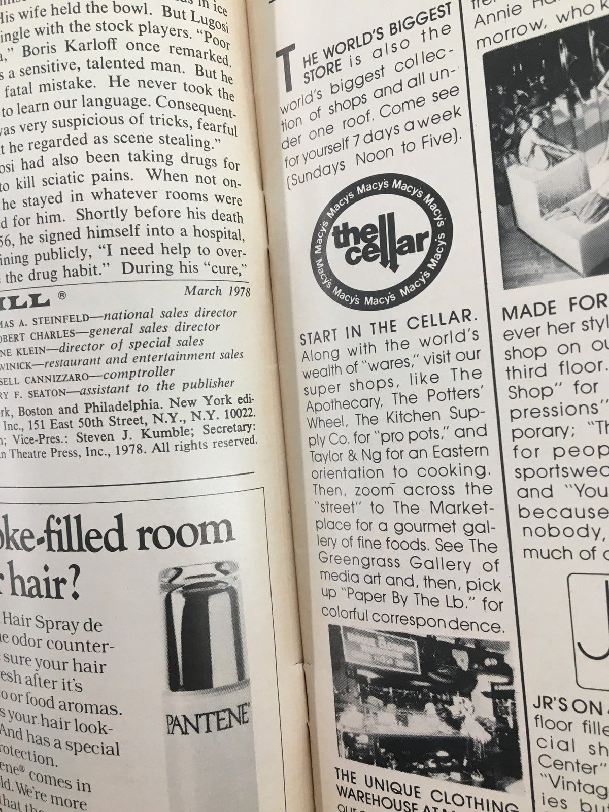 Inside page of the 1978 Playbill for Deathtrap, showcasing advertisements and theatrical details, highlighting the history of the play and The Music Box Theatre.
