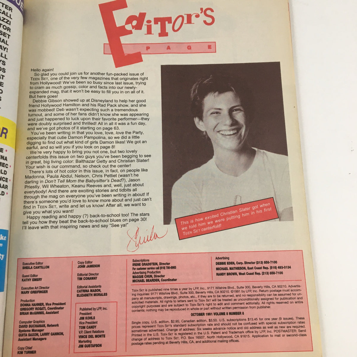 Editor's page from Teen Set Magazine October 1991, featuring a message from the editor and a photograph of Christian Slater, emphasizing the excitement of celebrity culture.