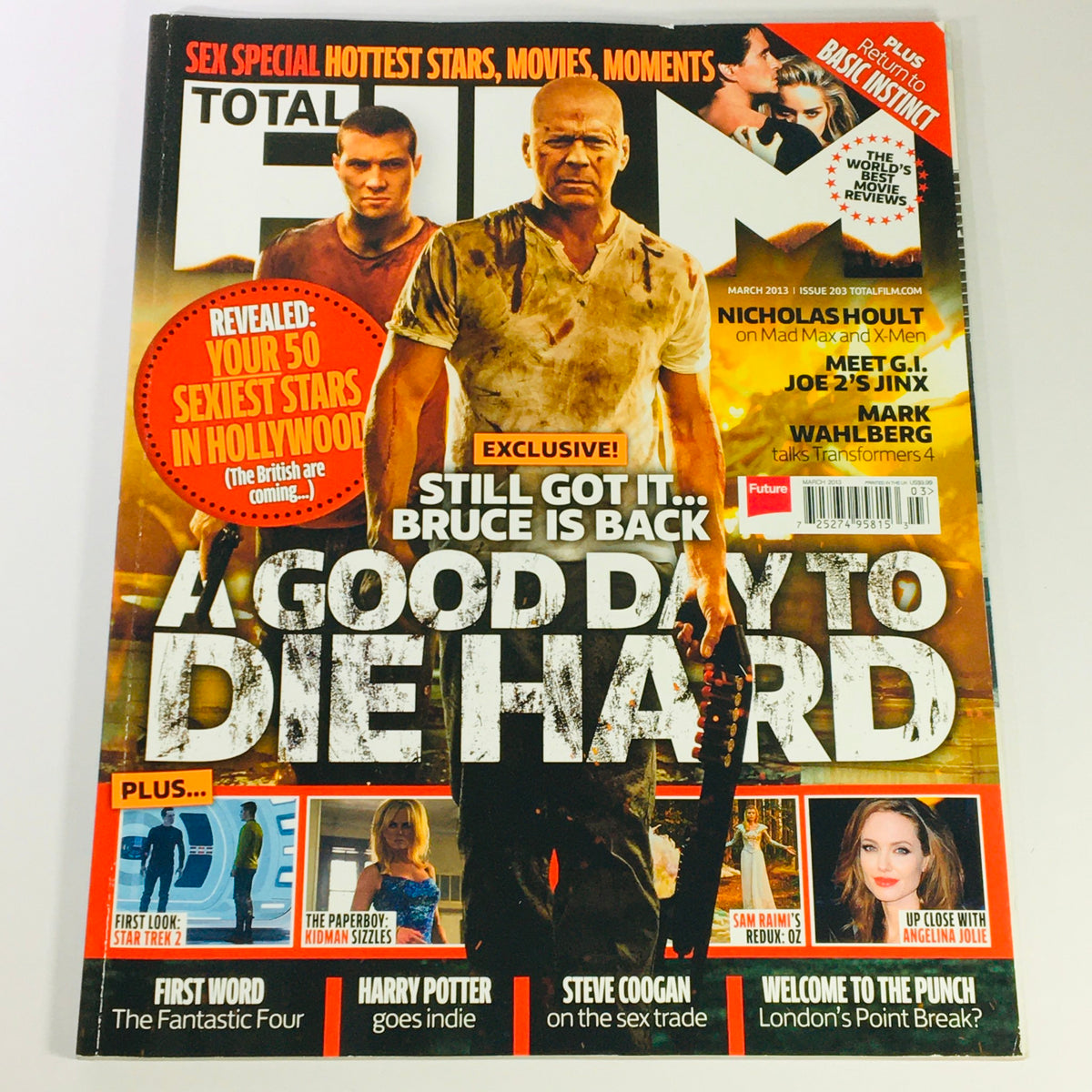 Total Film Magazine March 2013 #203 featuring Bruce Willis and Jai Courtney on the cover, showcasing the iconic action film A Good Day to Die Hard, with highlights of movie stars and exclusive insights into the film industry.
