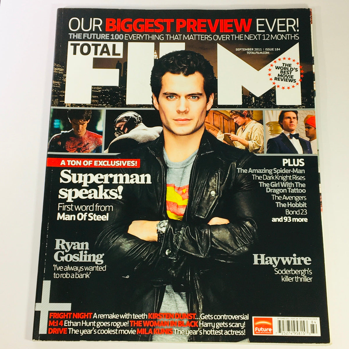 Cover of Total Film Magazine September 2011 #184 featuring Henry Cavill as Superman, showcasing highlights like 'Superman Speaks!' and articles on Ryan Gosling and Haywire.