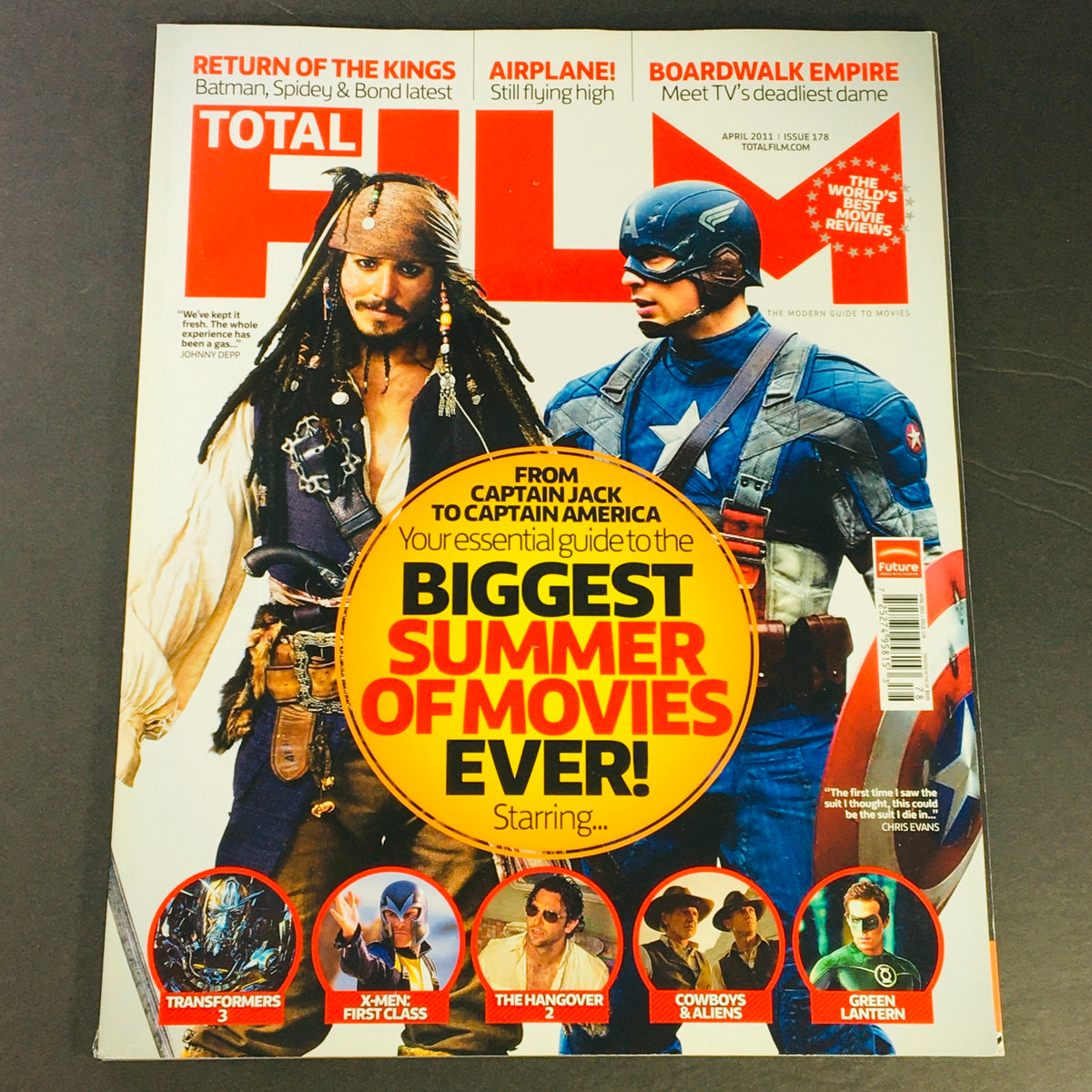 Total Film Magazine April 2011 #178 cover featuring Johnny Depp as Captain Jack Sparrow and Chris Evans as Captain America, showcasing excitement for the upcoming blockbuster movies and iconic performances from Hollywood.