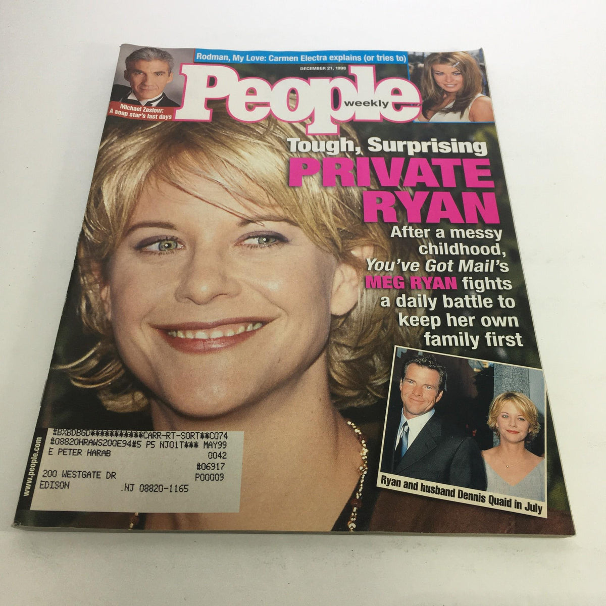 People Magazine cover from December 21, 1998 featuring Meg Ryan, titled 'Tough, Surprising Private Ryan,' which discusses her struggles to maintain family life amidst fame. The cover showcases her smiling image along with a sidebar photo of Ryan with her then-husband Dennis Quaid.