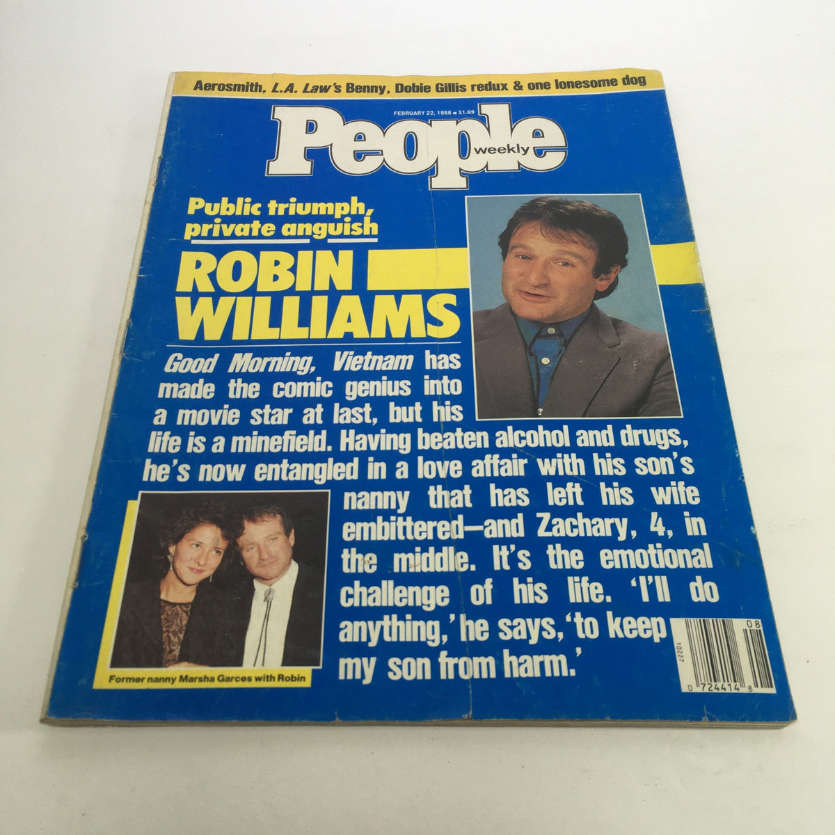 People Magazine cover from February 22, 1988, featuring Robin Williams with the headline 'Public Triumph, Private Anguish'. The cover includes a photo of Williams and a mention of his struggles and successes during a pivotal time in his career.