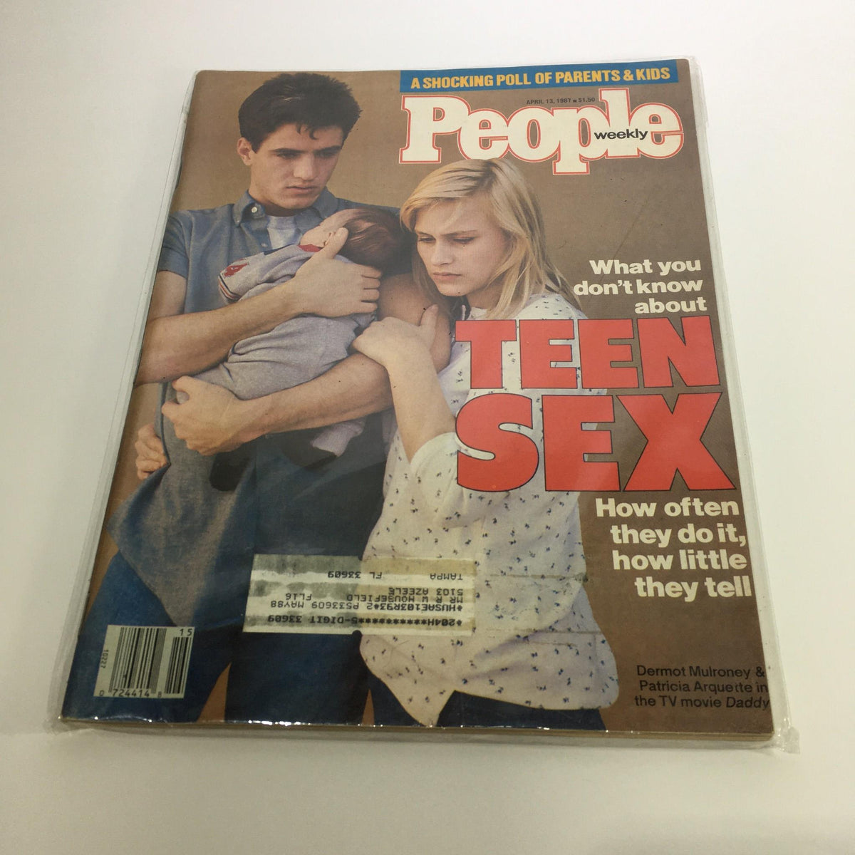 People Magazine April 13, 1987 cover featuring Dermot Mulroney and Patricia Arquette. This vintage magazine showcases the headline 'What you don't know about TEEN SEX' with a striking image of the actors, highlighting their roles in the TV movie 'Daddy'. A collectible piece of pop culture history.