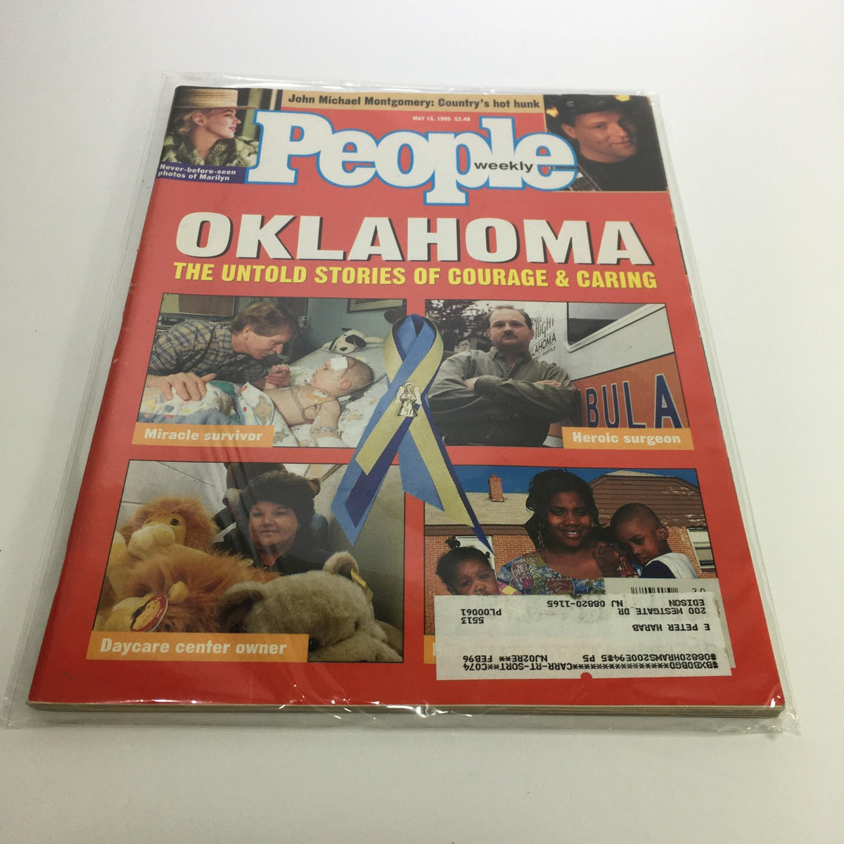 Cover of People Magazine: May 15, 1995 featuring the title 'Oklahoma: The Untold Stories of Courage & Caring'. The magazine highlights various heroic individuals and stories from Oklahoma, showcasing images of a miracle survivor, a heroic surgeon, and a daycare center owner.