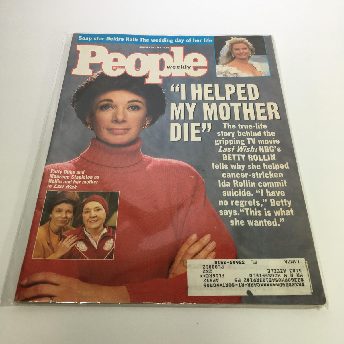Cover of People Magazine dated January 20, 1992, featuring the article titled 'I Helped My Mother Die' by Betty Rollin. The magazine includes commentary on assisted dying, with a portrait of a woman wearing a red turtleneck and additional images of Patty Duke and Maureen Stapleton.