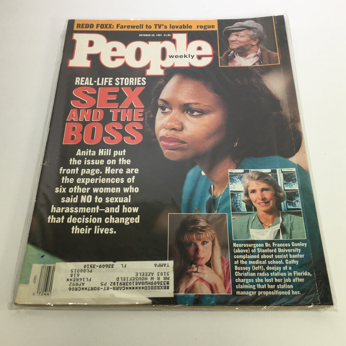 People Magazine cover from October 28, 1991, featuring the headline 'Real-Life Stories: Sex and the Boss,' highlighting Anita Hill's impact on discussions of sexual harassment.