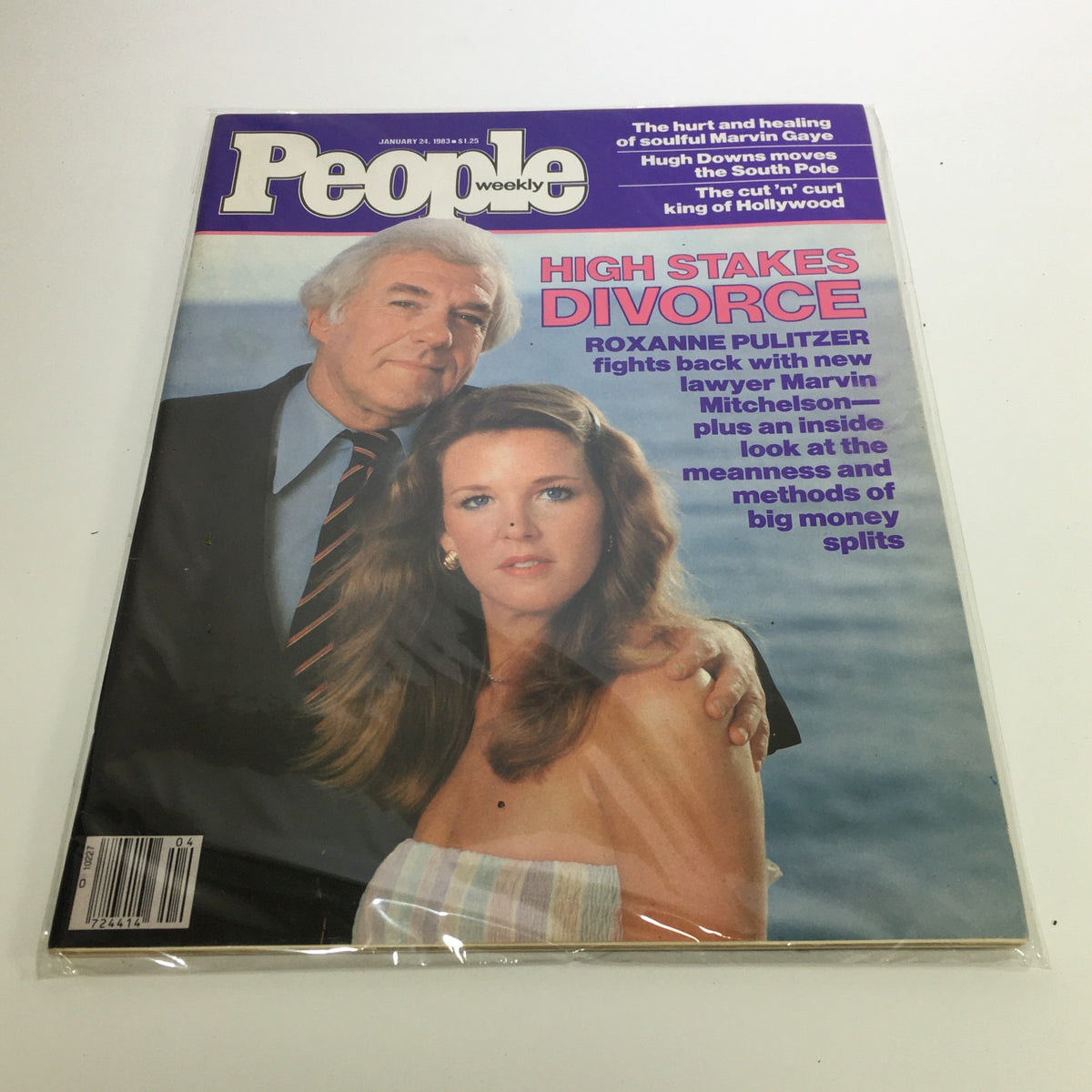 Cover of People Magazine dated January 24, 1983, featuring the headline 'High Stakes Divorce: Roxanne Pulitzer Fights Back' with an image of Roxanne Pulitzer and her lawyer. This vintage magazine captures a significant moment in celebrity culture and high-profile divorce narratives.