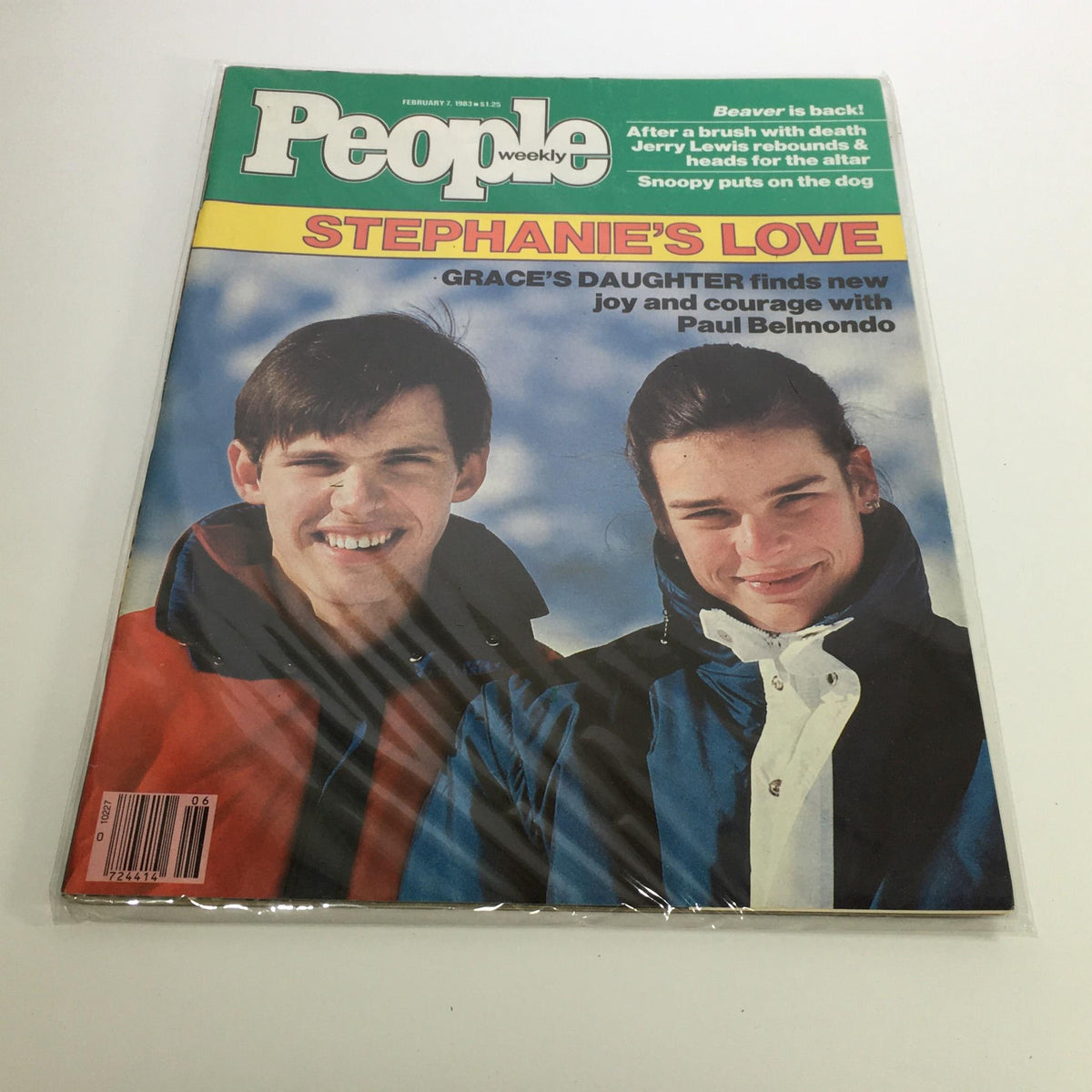 Cover of People Magazine February 7, 1983, featuring the title 'Stephanie's Love' with images of two young male models against a snowy background, highlighting their joyful expressions.