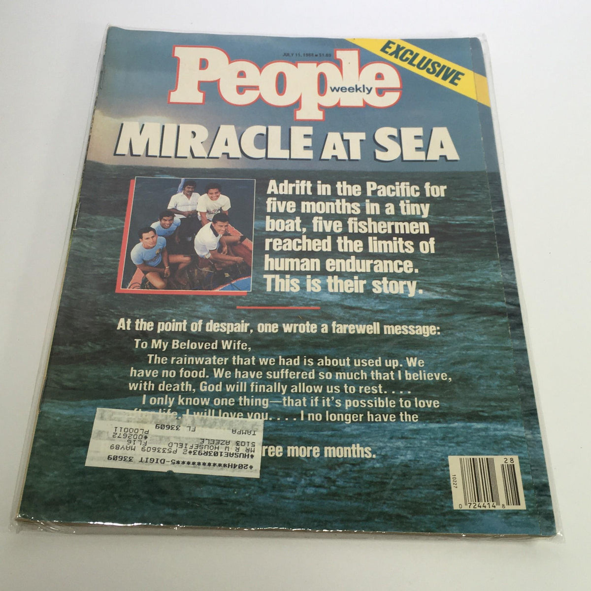 Cover of People Magazine dated July 11, 1958 featuring the article 'Miracle at Sea: Adrift in the Pacific for 5 Months', showcasing five fishermen in a small boat against a backdrop of the ocean.