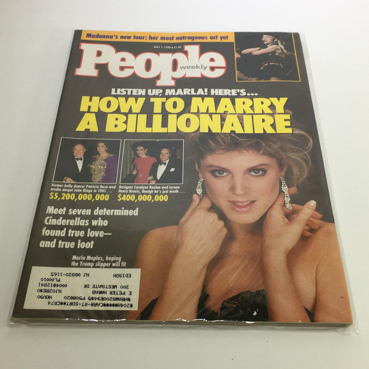 Cover of People Magazine dated May 7, 1990 featuring Marla Maples, highlighting the article 'How To Marry A Billionaire'. The cover includes eye-catching headlines and images of wealthy couples, depicting the celebrity culture of the early '90s.