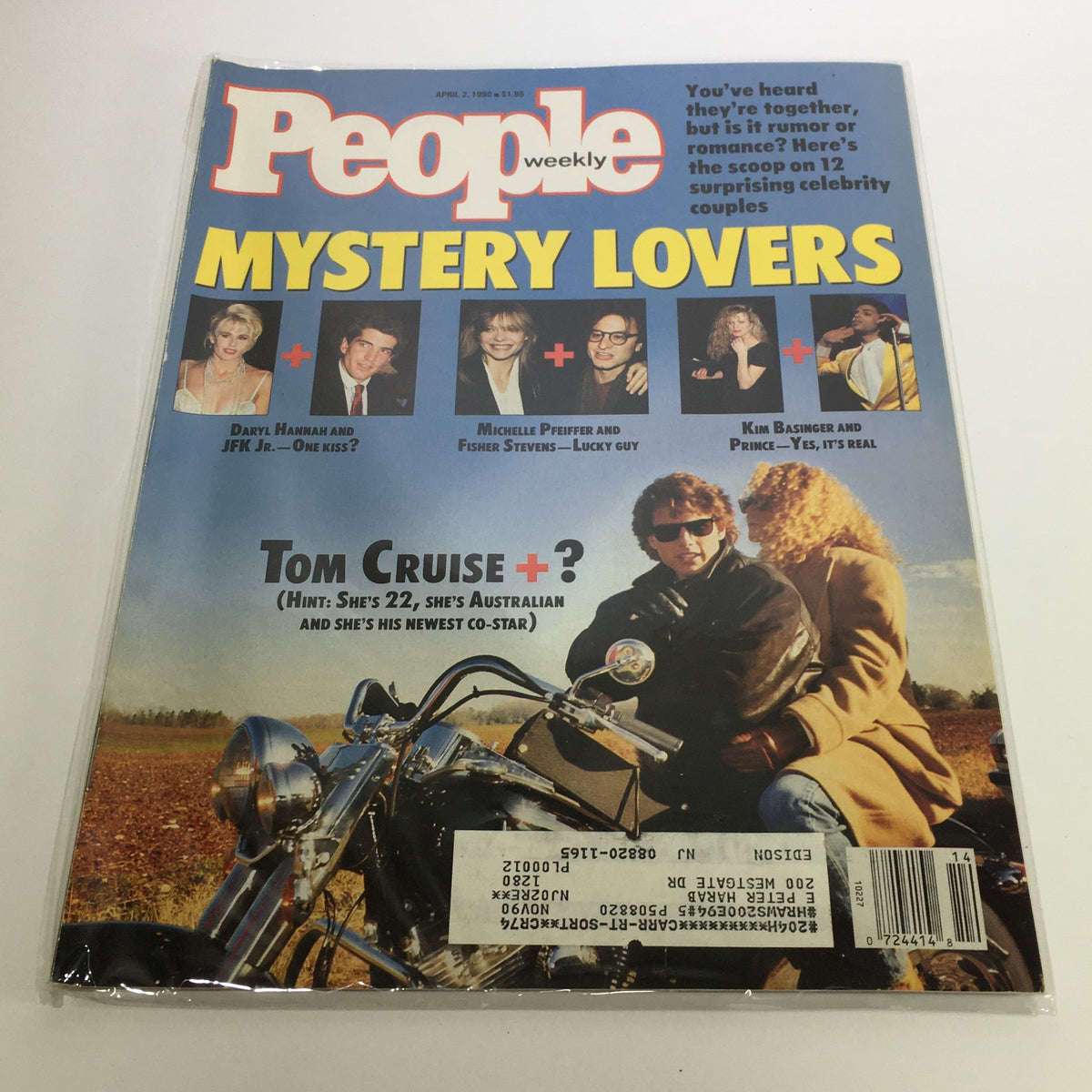 People Magazine April 2 1990 cover showcasing 'Mystery Lovers' featuring Tom Cruise, Daryl Hannah, Michelle Pfeiffer, and other celebrities. This vintage magazine highlights exclusive celebrity insights and romantic relationships from the early 90s, making it a collectible item.