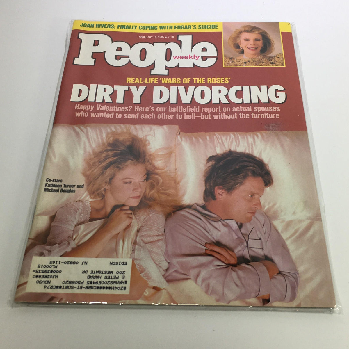 Cover of People Magazine February 19, 1990 featuring the headline 'Real-Life Wars of the Roses & Dirty Divorcing'. The cover image includes a couple in bed, highlighting themes of celebrity relationships and controversial divorces of the time.