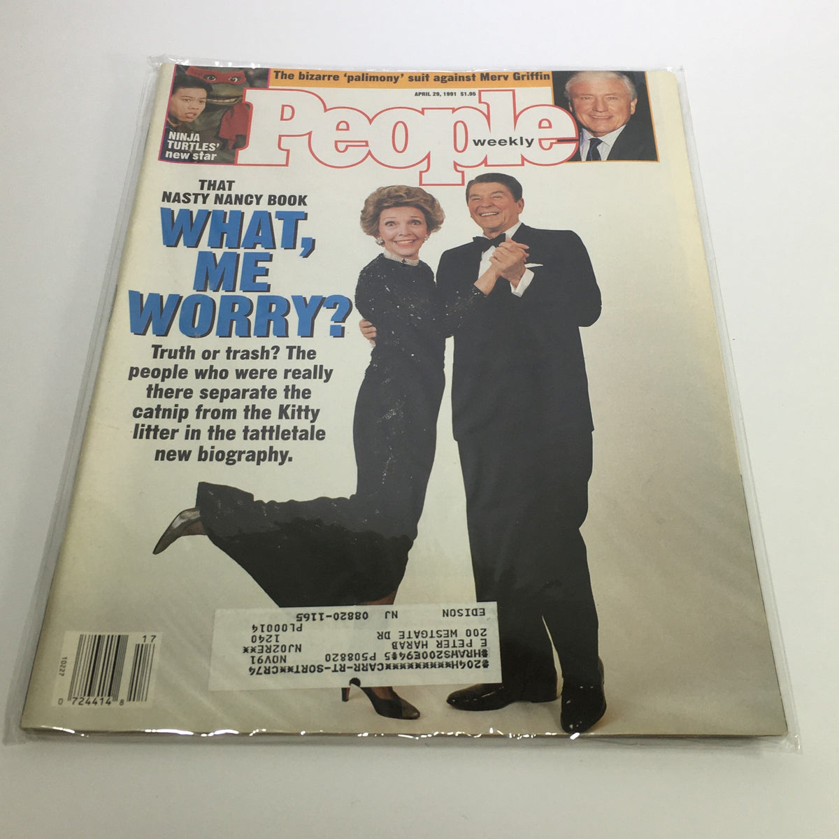 Cover of People Magazine from April 29, 1991 featuring Nancy and Ronald Reagan dancing, with the headline 'What, Me Worry?' highlighting their post-presidency lives and insights into pop culture.