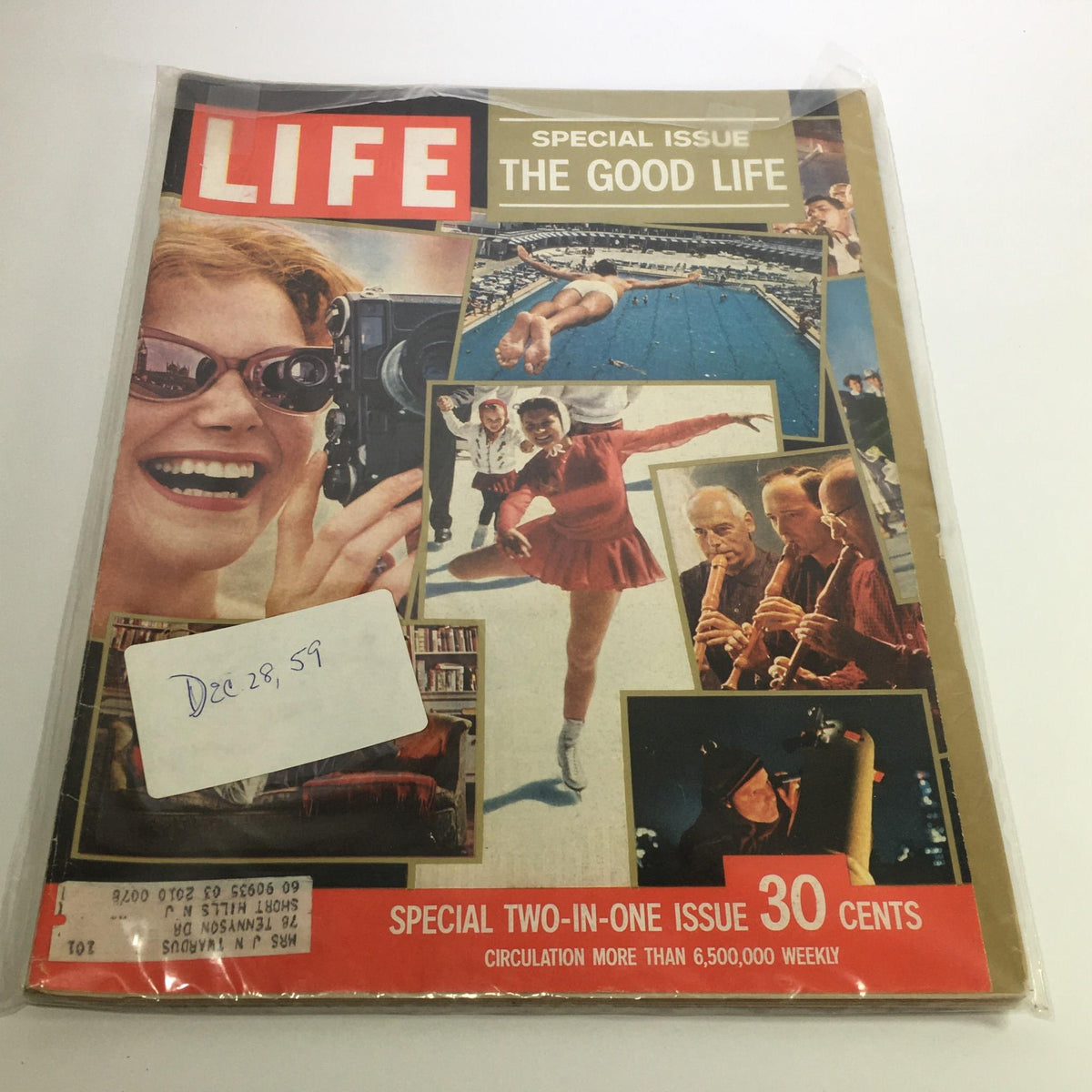 Vintage Life Magazine cover from December 28, 1959, featuring the special issue titled 'The Good Life.' The cover showcases a vibrant collage of images including a woman smiling with a camera, performers in festive attire, and scenic outdoor activities, highlighting the spirit of the 1950s.