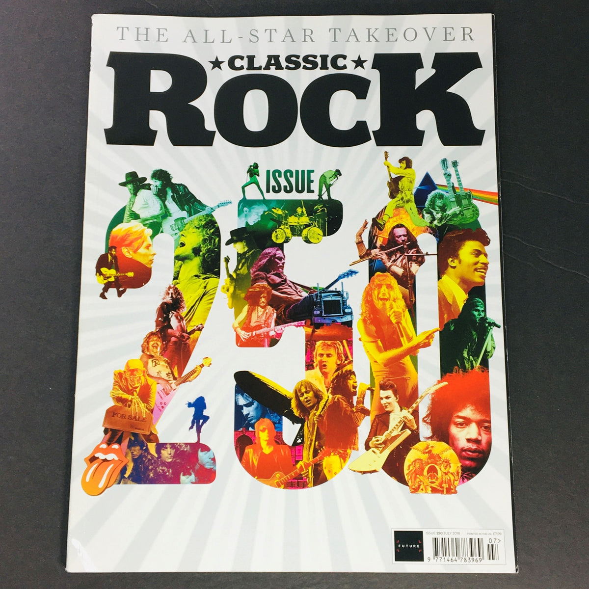 Classic Rock Magazine July 2018 #250 cover featuring a vibrant collage of iconic rock musicians, including Jimi Hendrix and Mitch Mitchell, highlighting the All-Star Takeover theme.
