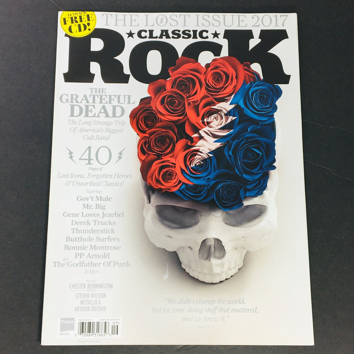 Classic Rock Magazine September 2017 Issue #240 featuring a cover design with a skull adorned with roses in red and blue colors, highlighting artists like Gov't Mule, Mr. Big, and PP Arnold.