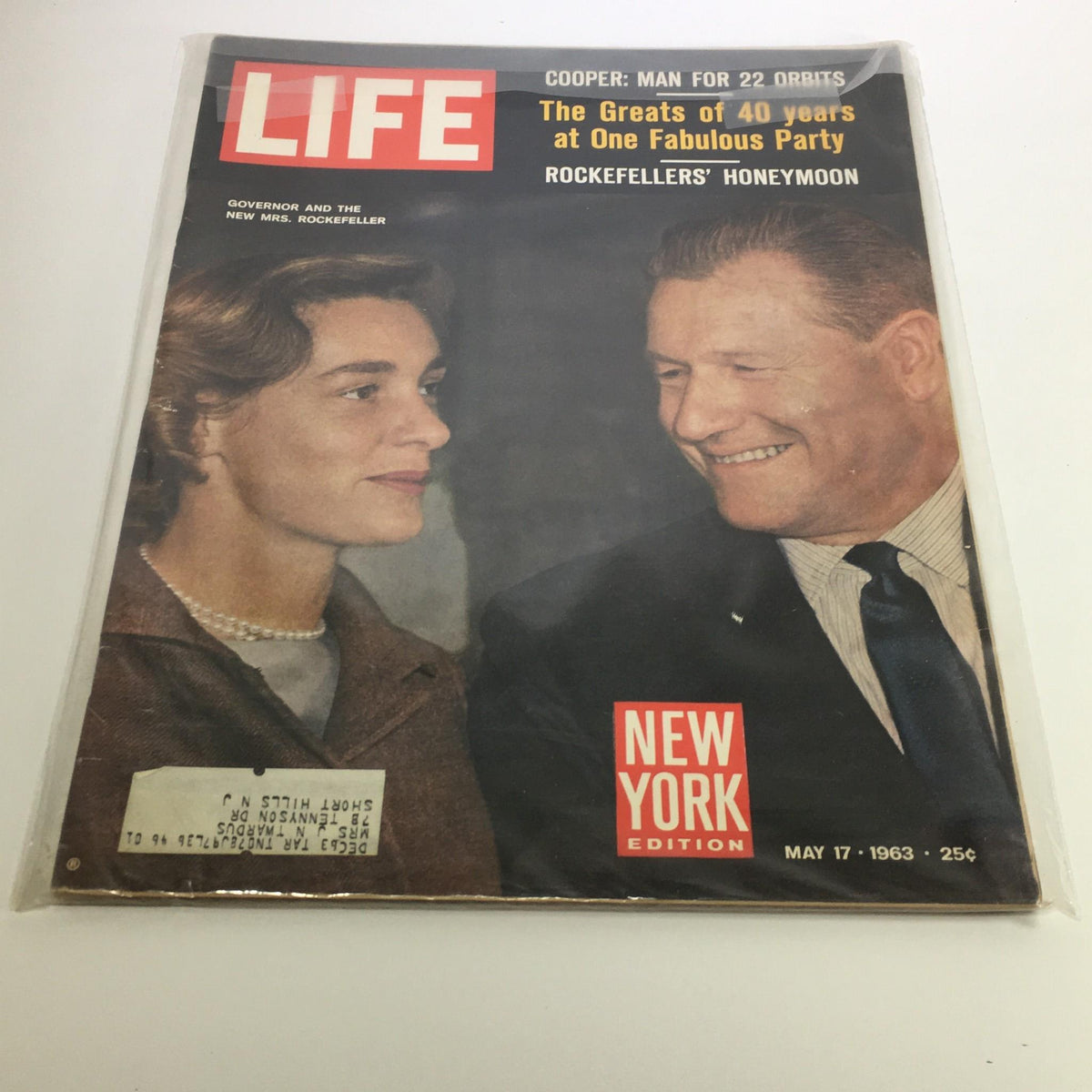 Cover of Life Magazine, May 17, 1963, featuring Governor Nelson Rockefeller and the new Mrs. Rockefeller, highlighting their honeymoon. The magazine showcases a nostalgic moment in mid-century American culture.
