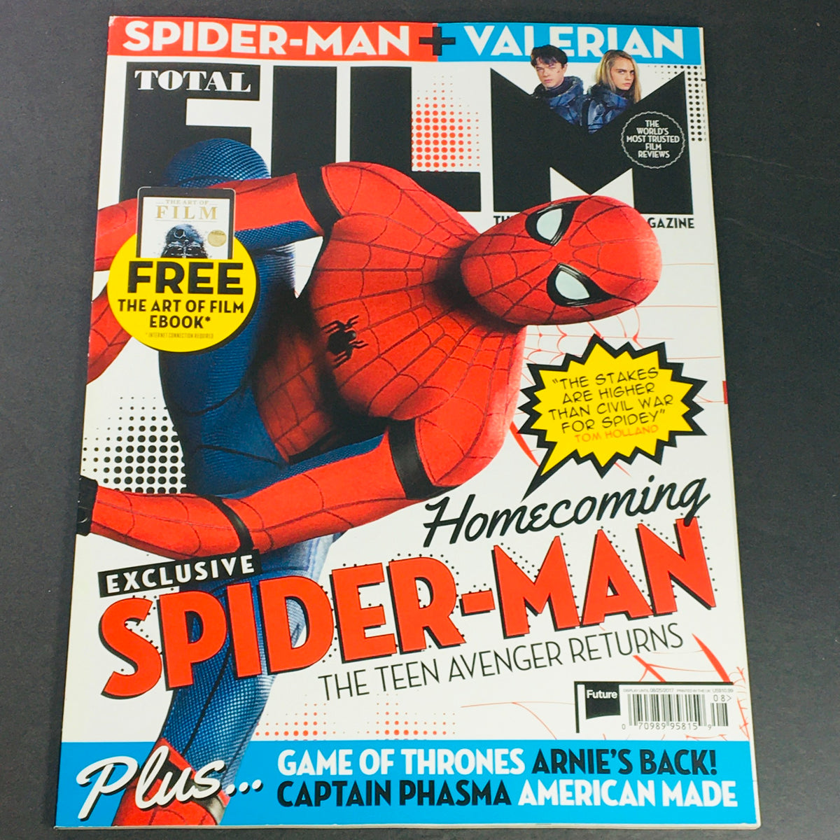 Total Film Magazine August 2017 #261 featuring Tom Holland as Spider-Man on the cover, highlighting the film Spider-Man: Homecoming, with promotional content about the movie and accompanying features.
