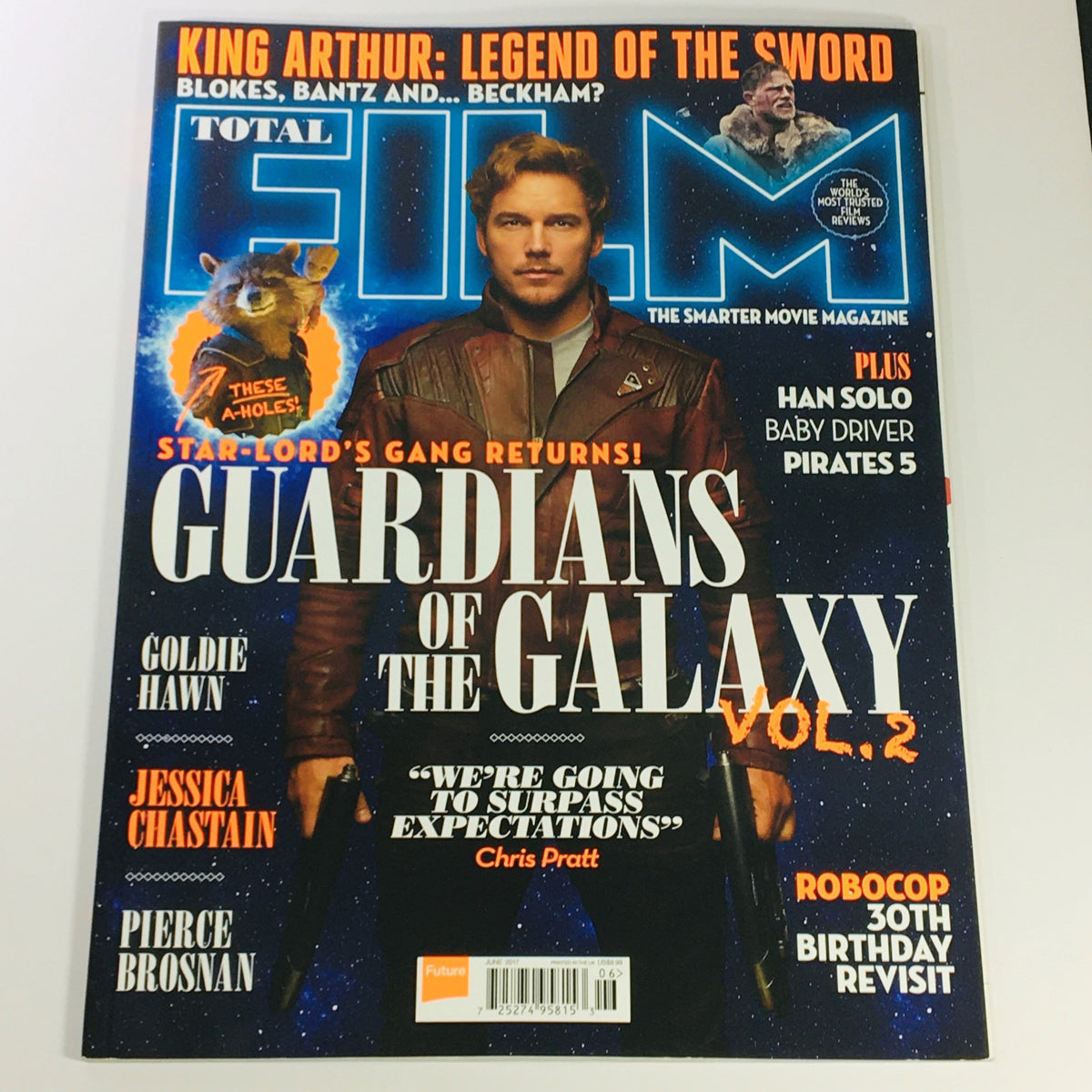 Total Film Magazine June 2017 cover featuring Chris Pratt as Star Lord from Guardians of the Galaxy Vol. 2 and Jessica Chastain, showcasing highlights of the film industry.