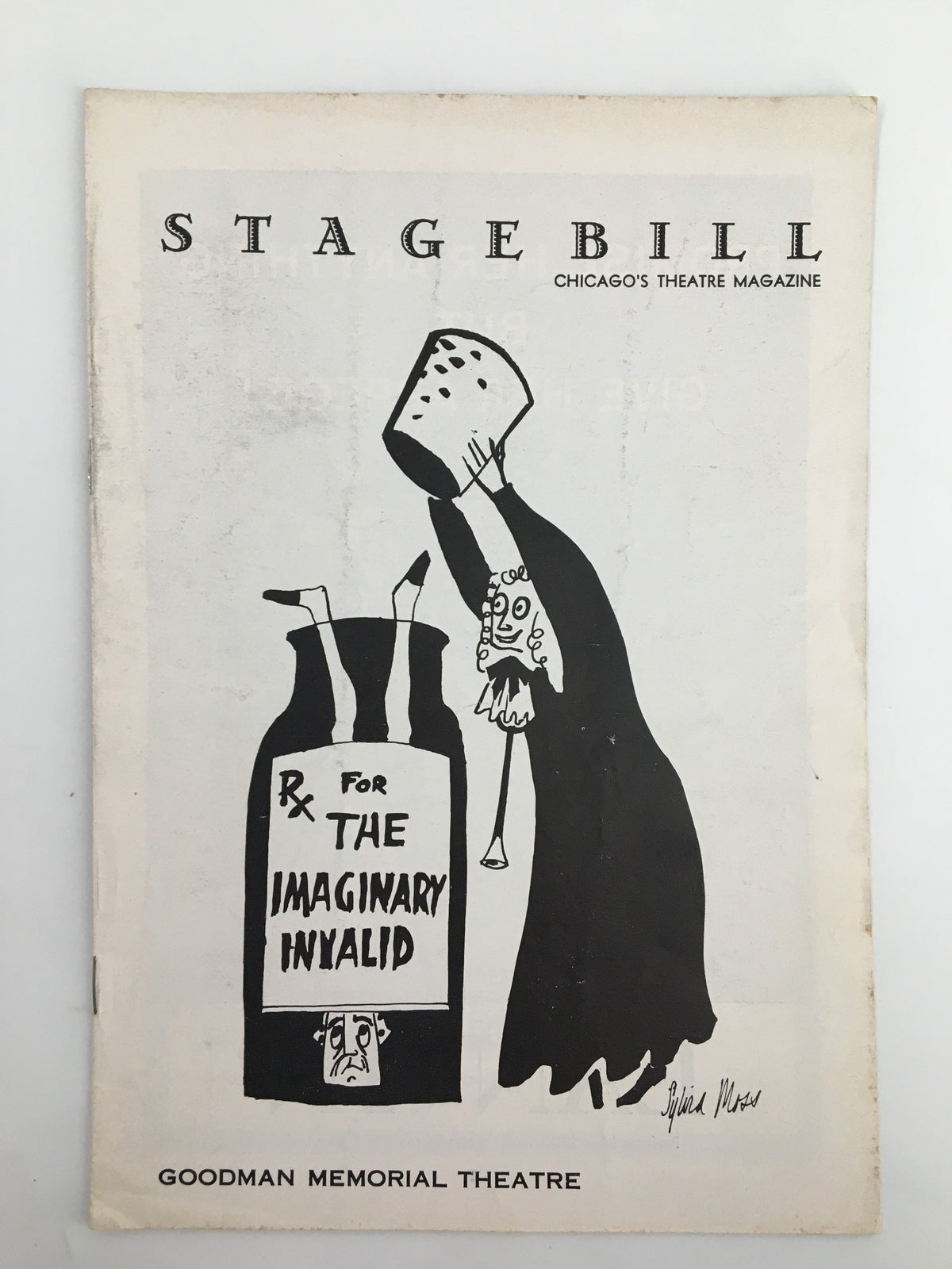 1959 Stagebill The Goodman Theatre featuring a cover illustration of a character representing 'The Imaginary Invalid' with humorous caricature outline.