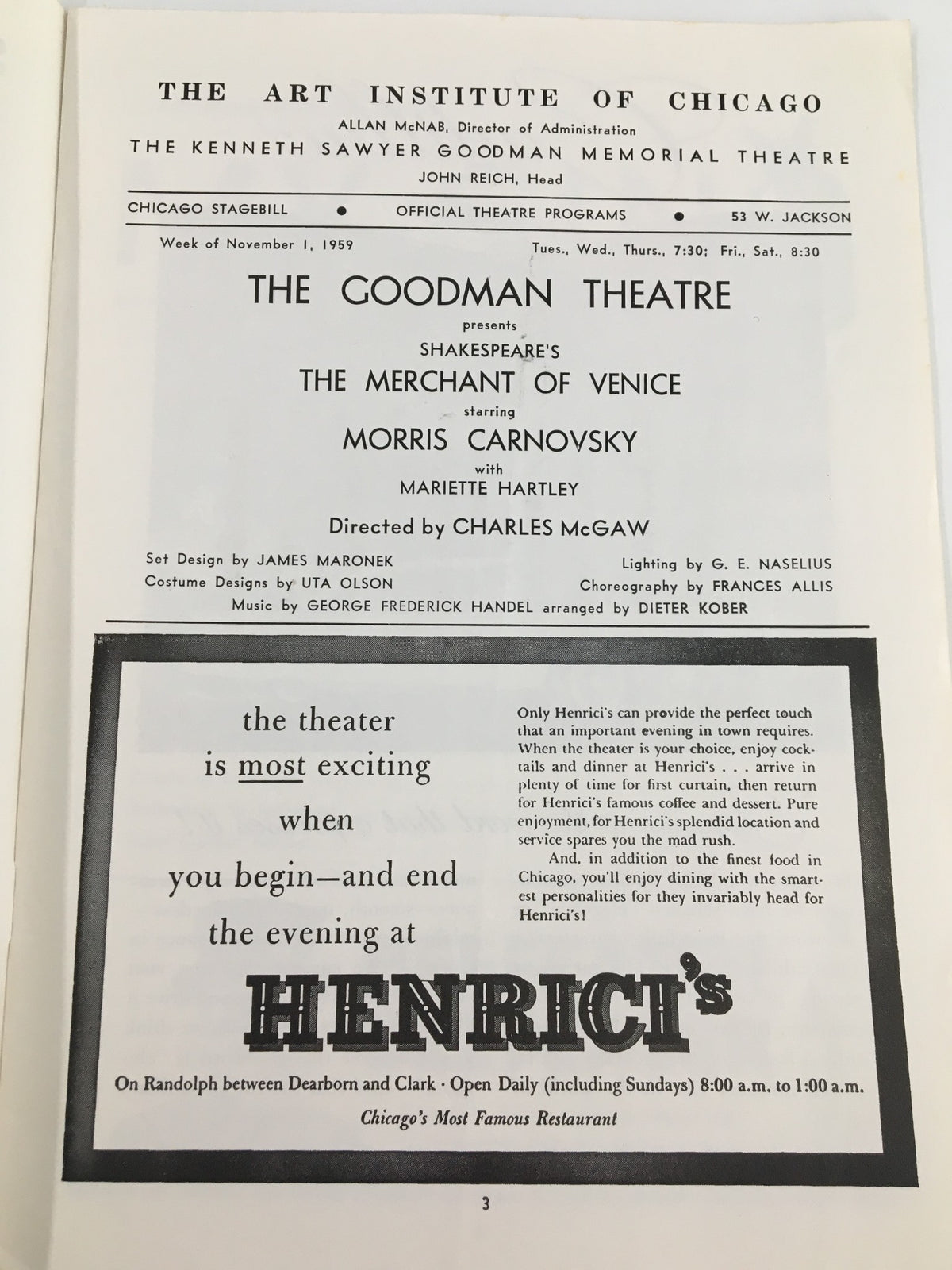 Interior page of the 1959 Stagebill from The Goodman Theatre detailing the cast and creative team of The Merchant of Venice.