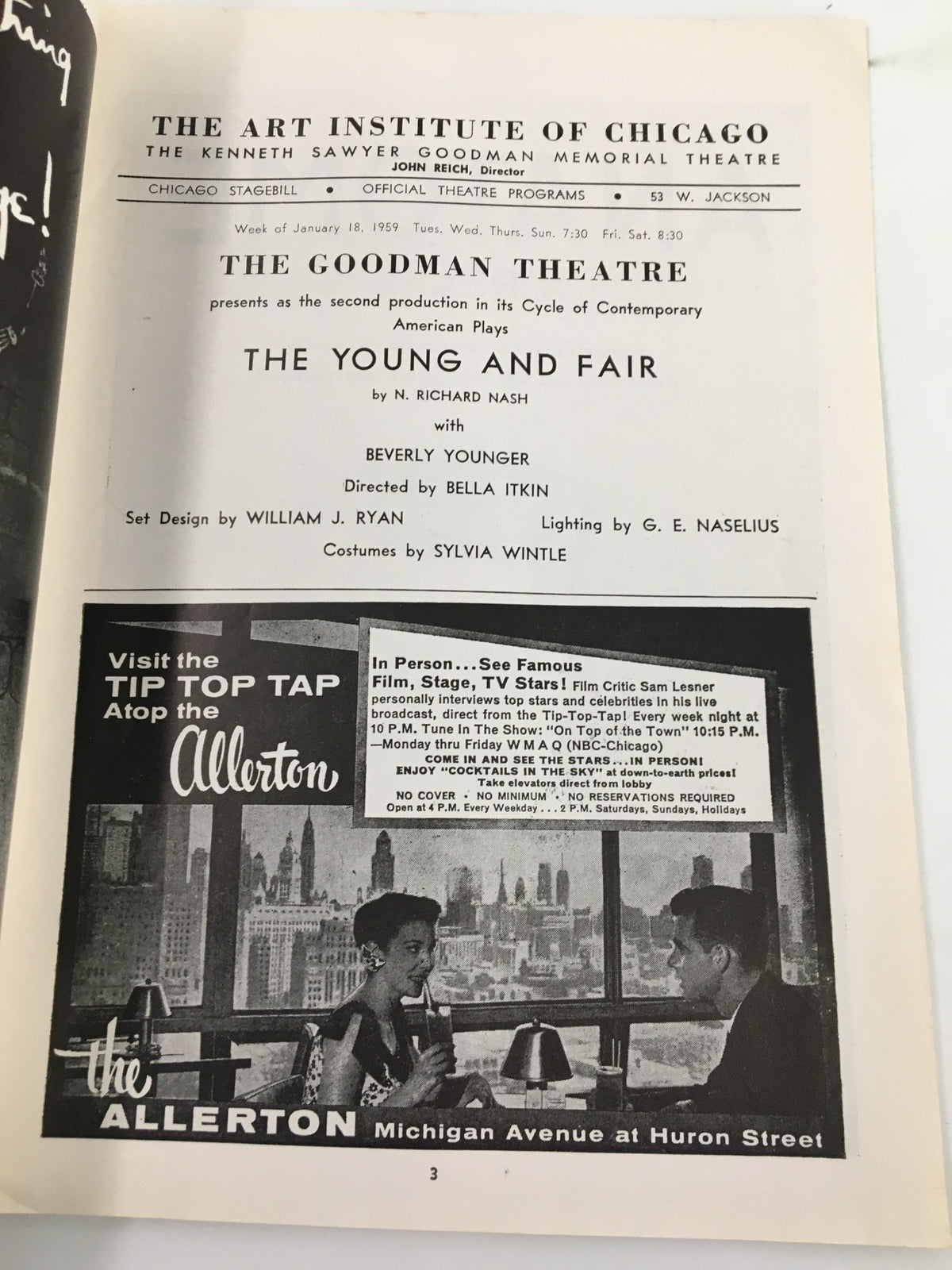 Vintage 1959 Stagebill from The Goodman Theatre for The Young and Fair by N. Richard Nash, showcasing production details, cast and crew information, and a nostalgic glimpse into mid-20th century theatre culture.