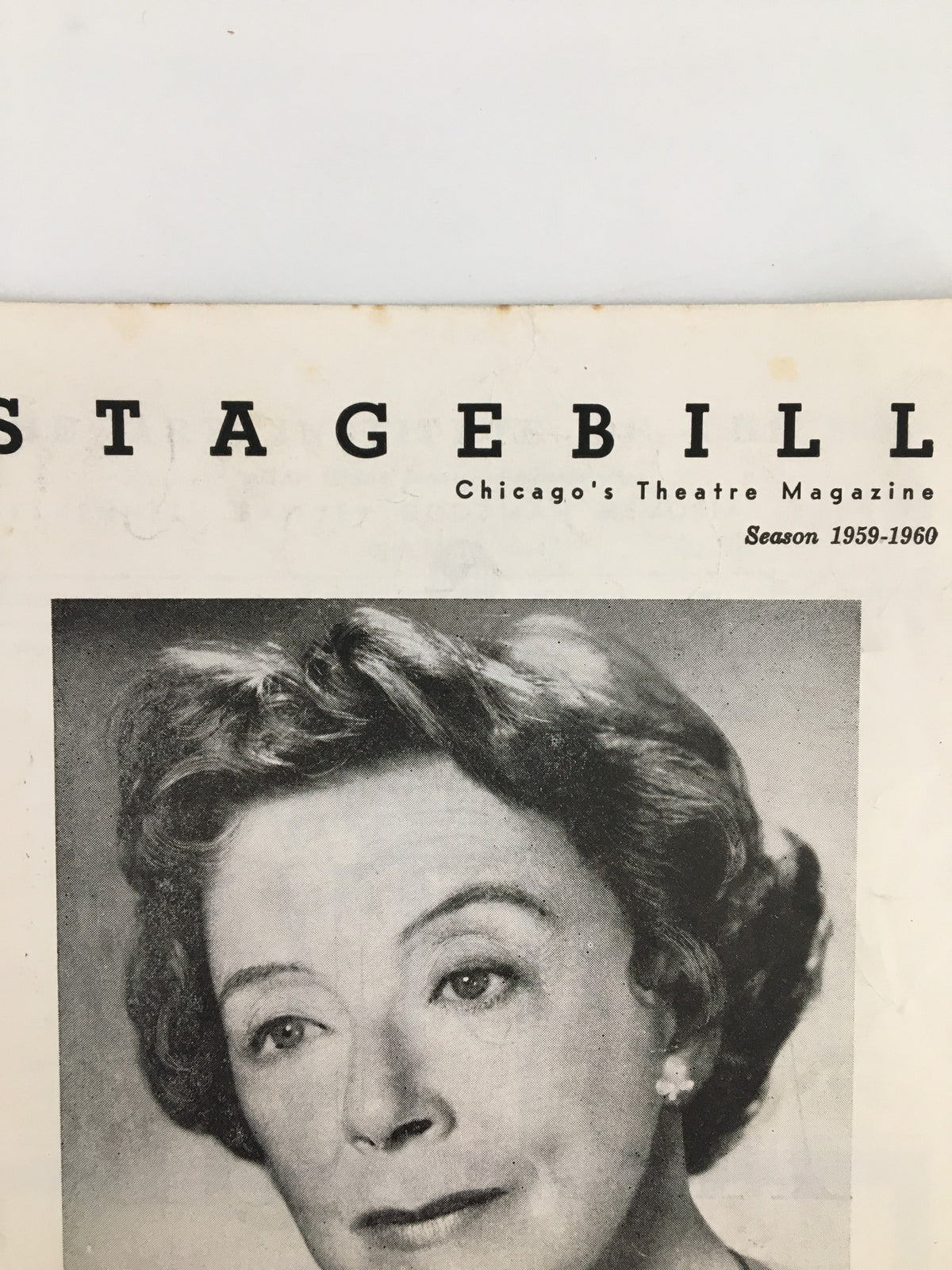 Close-up of the 1959 Stagebill The Goodman Theatre, highlighting Eugenie Leontovich in The Cave Dwellers with vintage design elements.