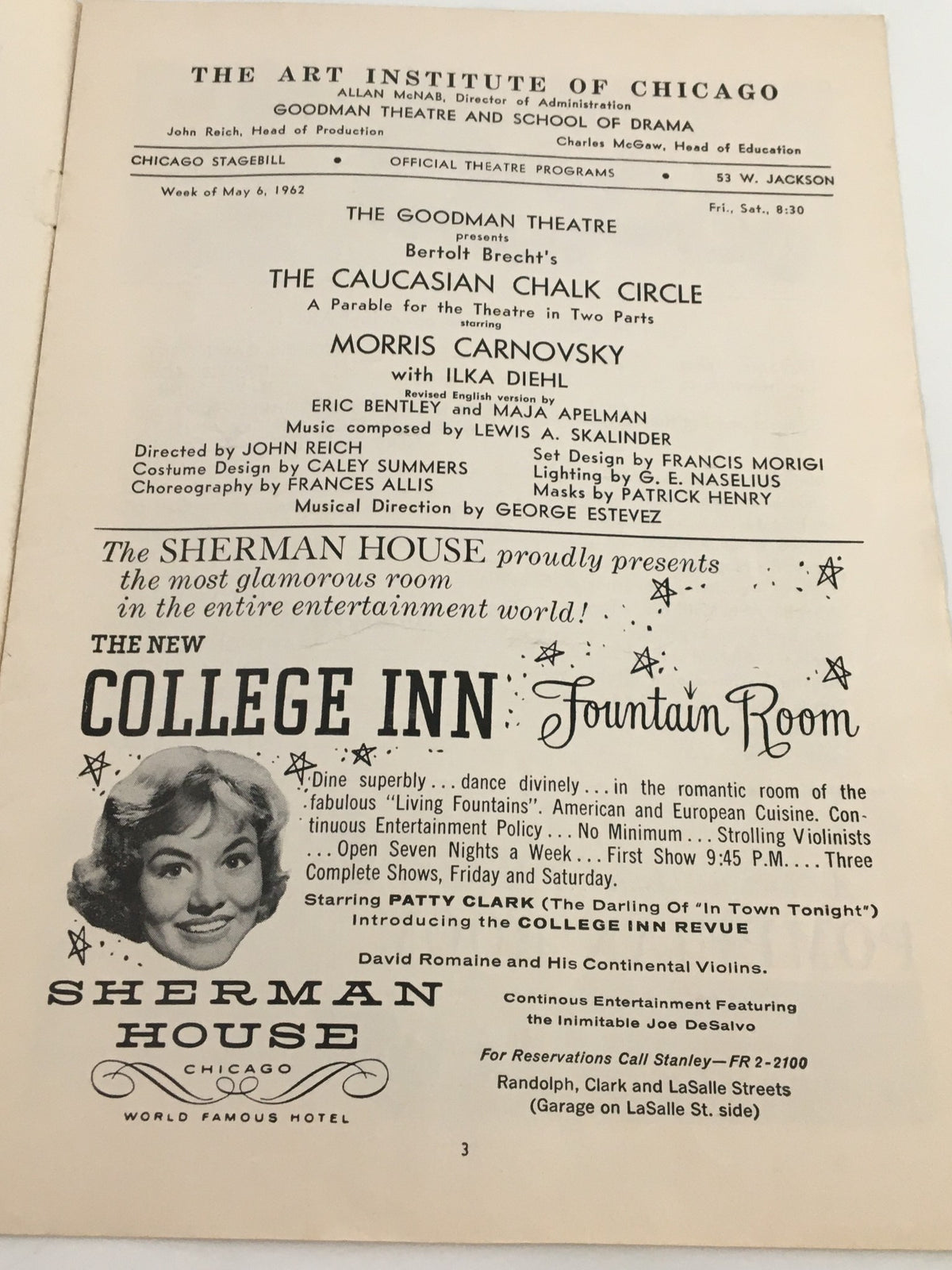 1962 Stagebill interior for Bertolt Brecht's The Caucasian Chalk Circle, showcasing content from the Goodman Memorial Theatre and advertisements.