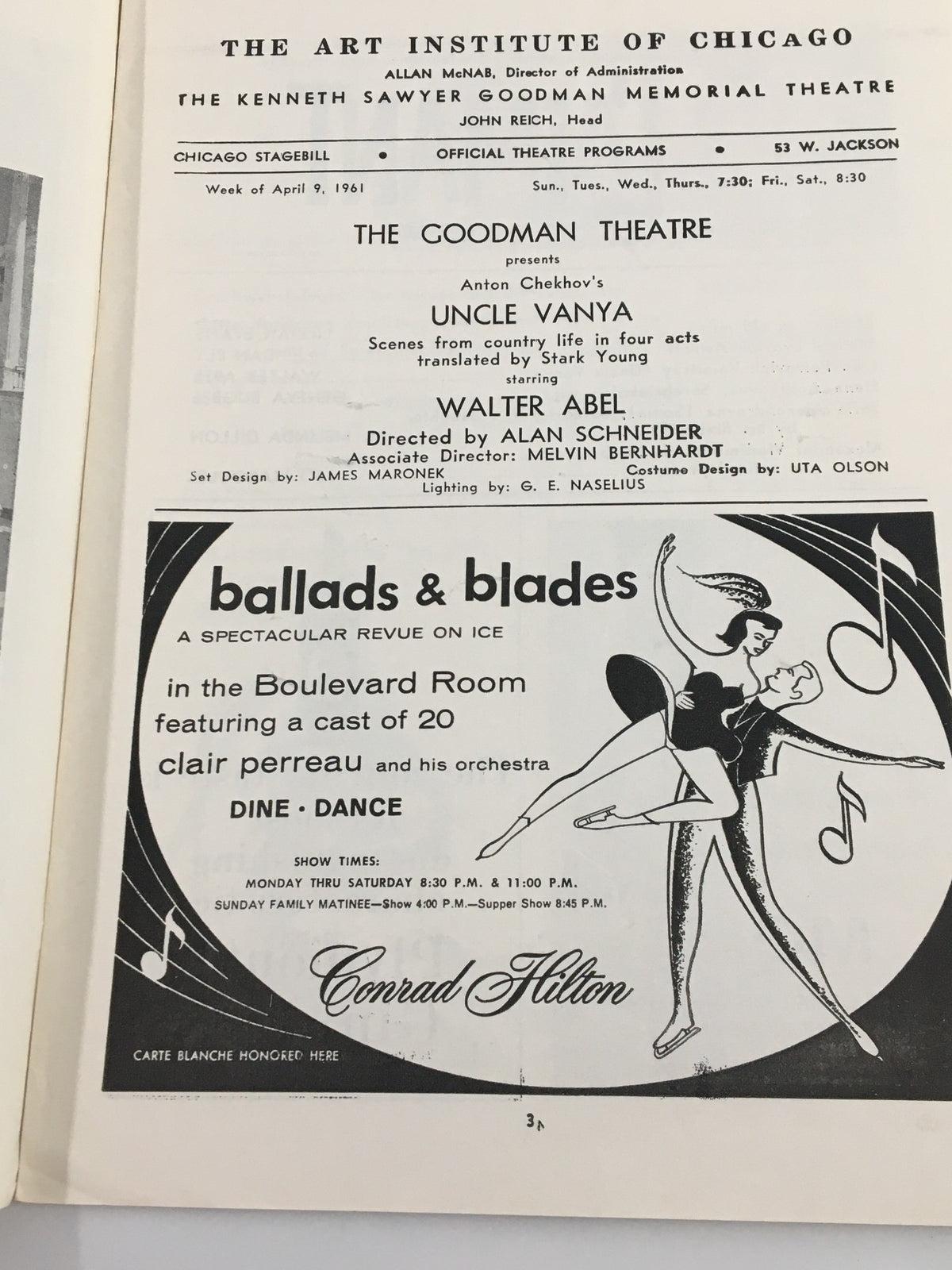 Interior page of the 1961 stagebill for Uncle Vanya at the Goodman Memorial Theatre, highlighting additional program details and upcoming events.