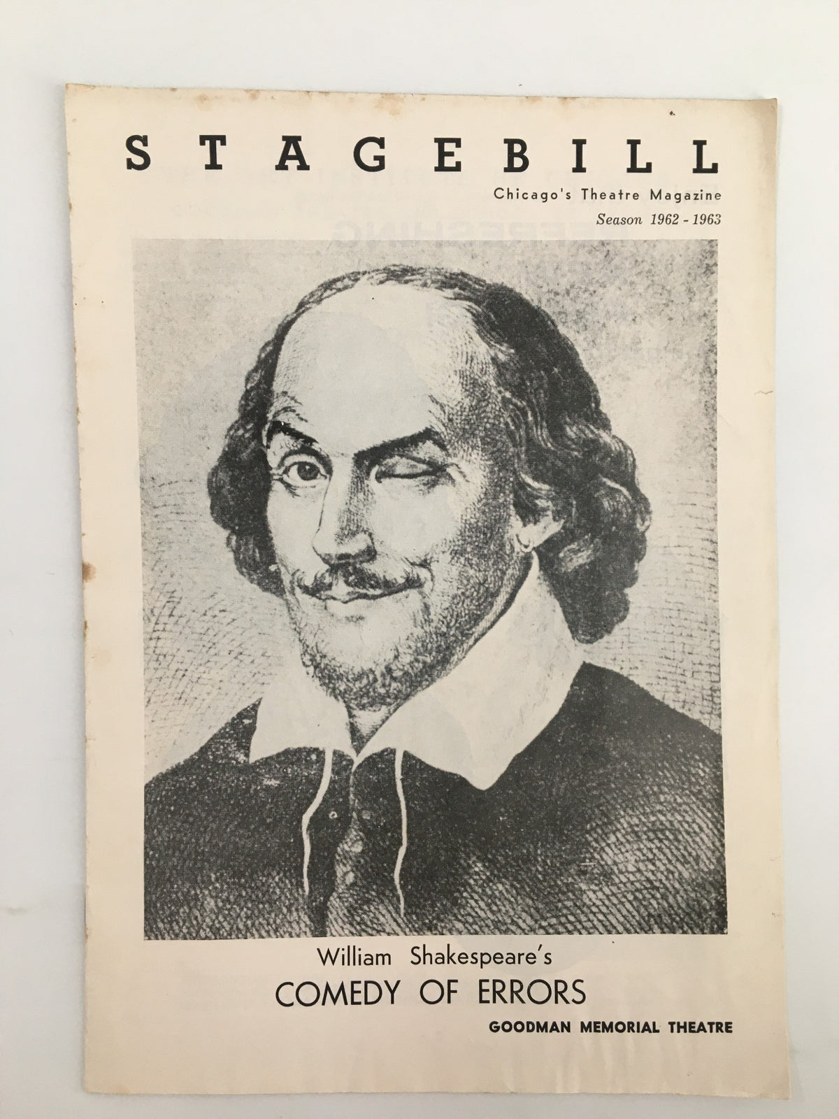 1962 stagebill from Goodman Memorial Theatre featuring William Shakespeare's Comedy of Errors, showcasing a classic illustration of Shakespeare.
