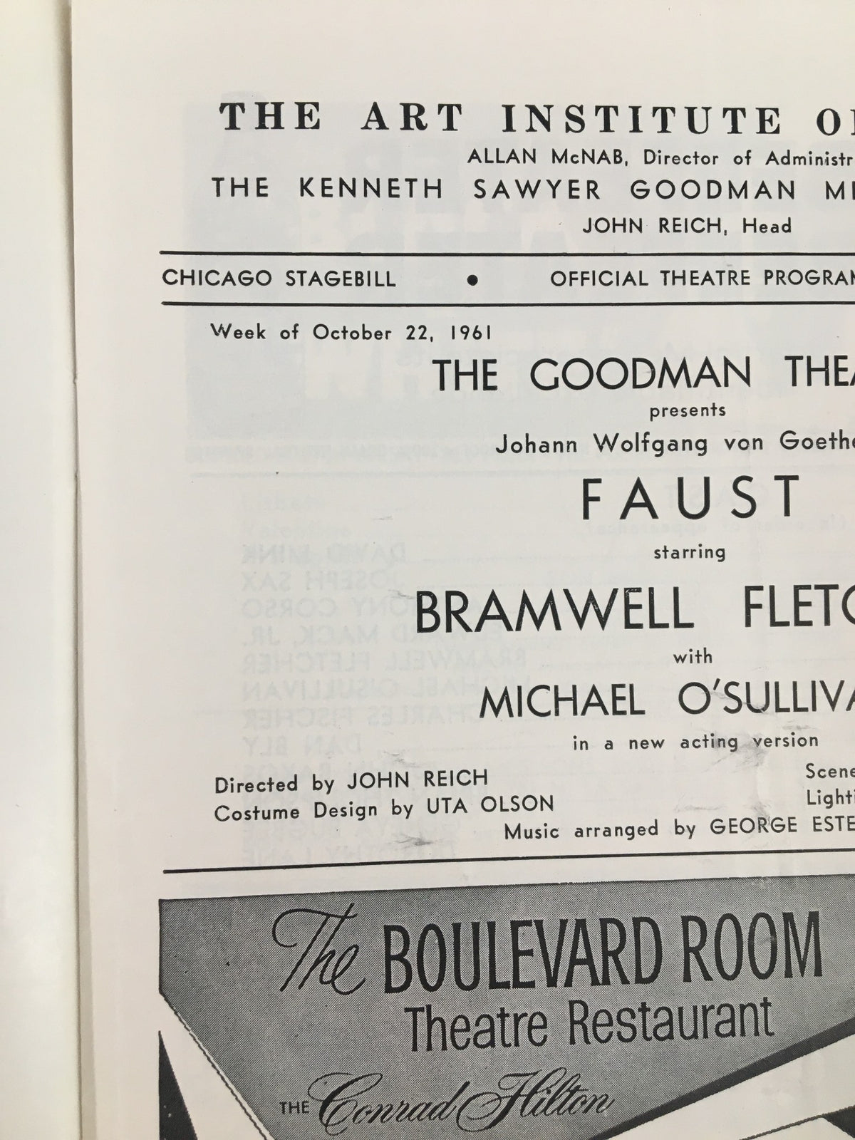 1961 Stagebill from Goodman Theatre featuring Bramwell Fletcher and Michael O'Sullivan in Faust, showcasing theatrical production details and historical significance.