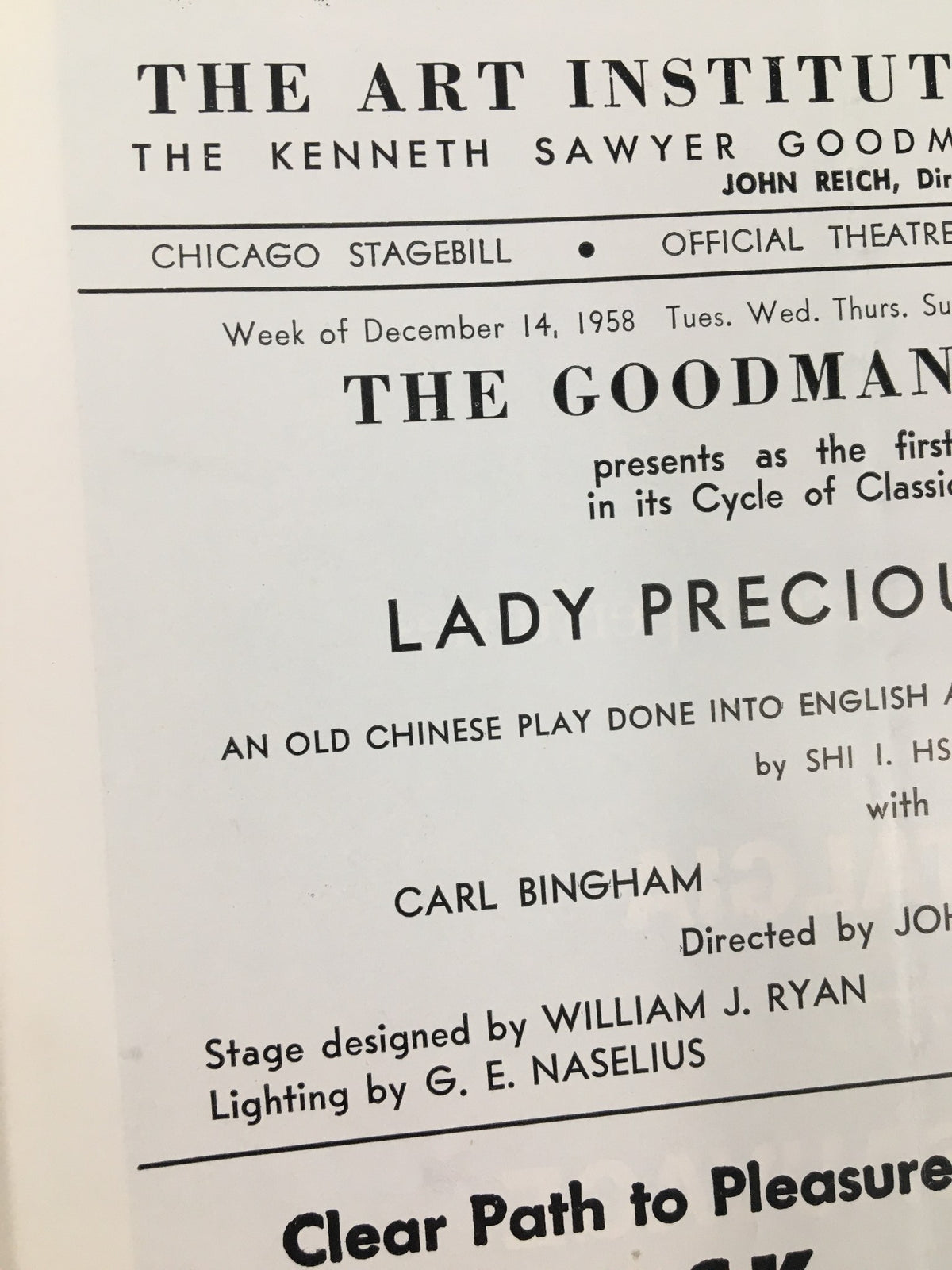 Close-up of the 1958 Stagebill for Lady Precious Stream highlighting cast and crew details including director John Reich and designer William J. Ryan.