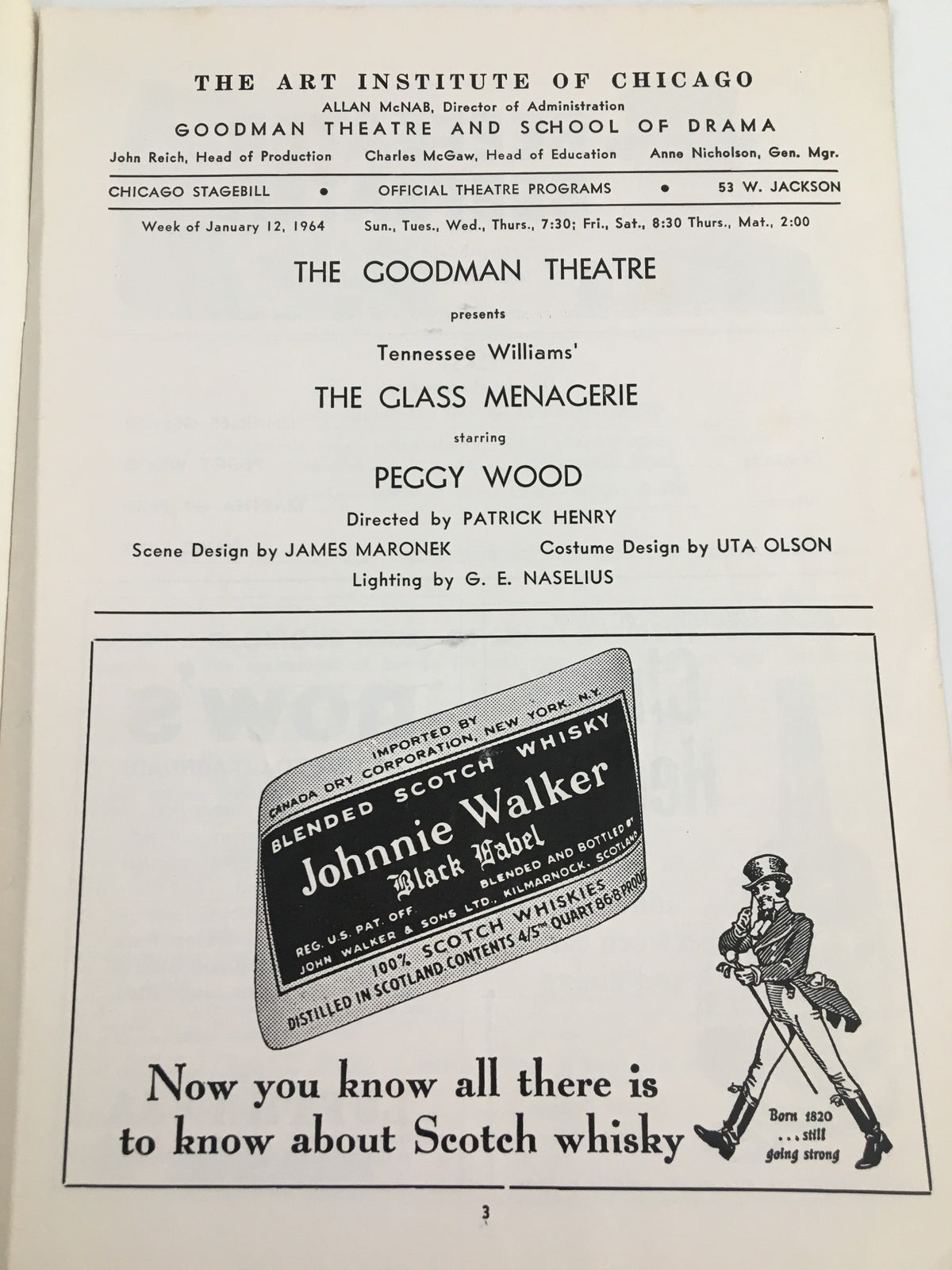 1964 Stagebill interior with details of The Goodman Theatre's presentation of The Glass Menagerie starring Peggy Wood, including production credits and design information.