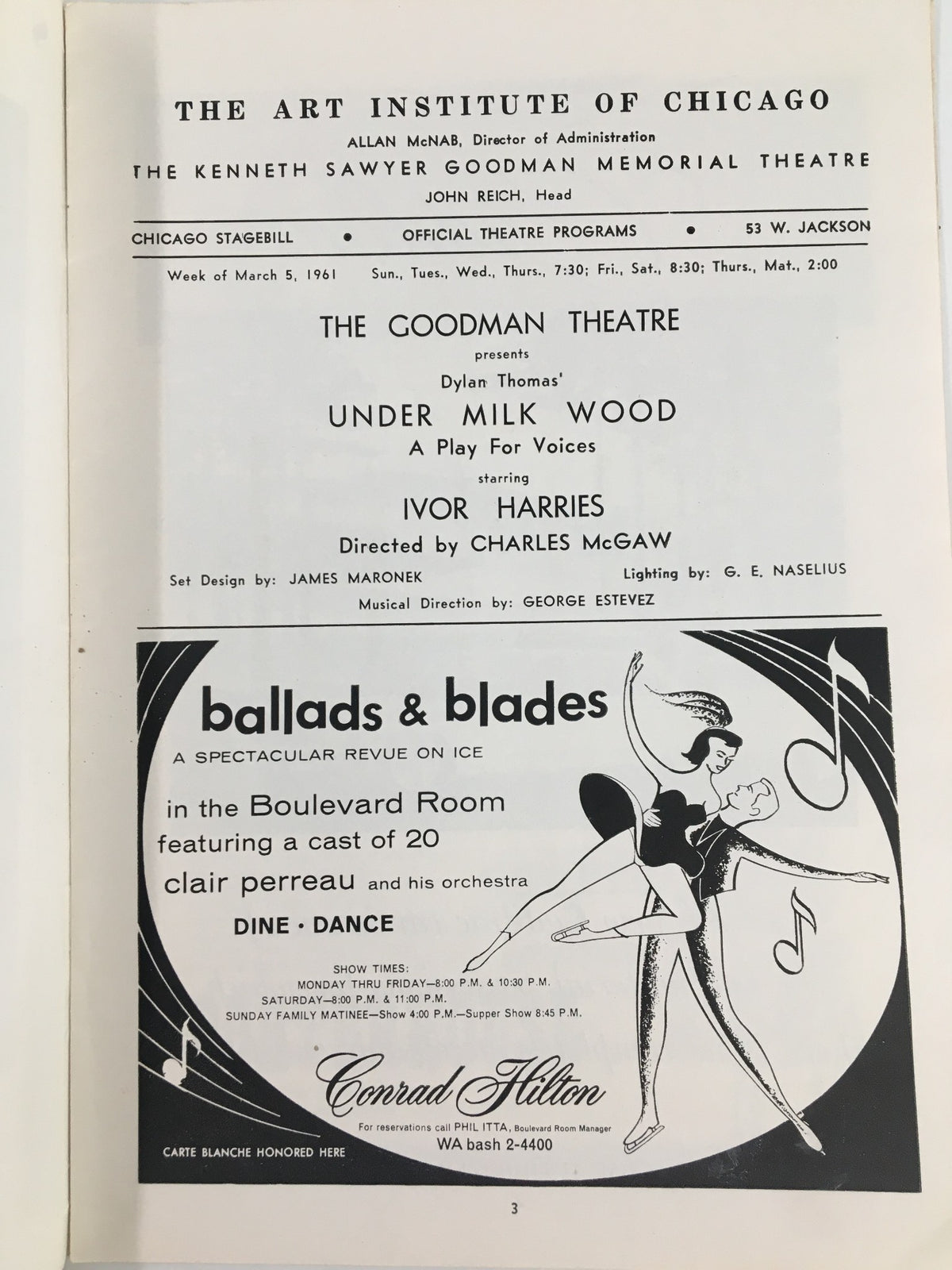 1961 Stagebill The Goodman Theatre for Under Milk Wood, featuring event details and credits, presented by The Goodman Theatre and the Art Institute of Chicago.