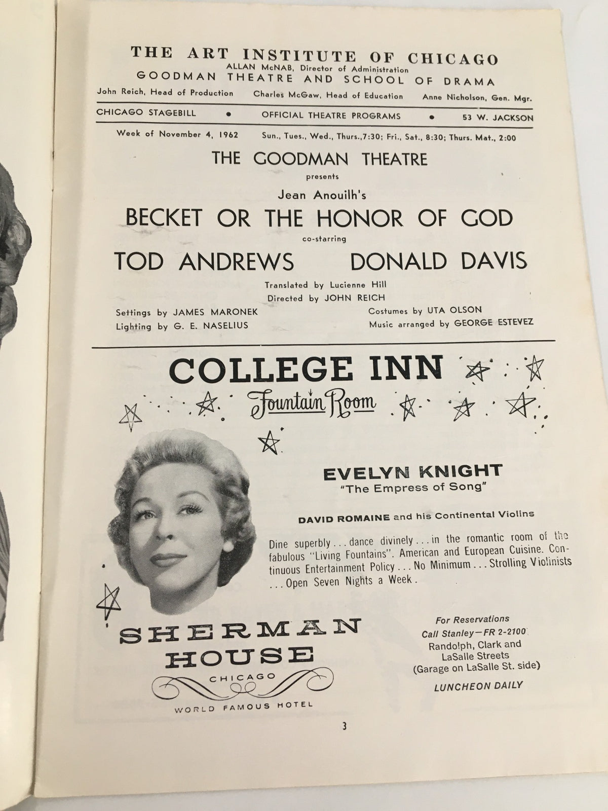 1962 Stagebill The Goodman Theatre Tod Andrews & Donald Davis in Becket