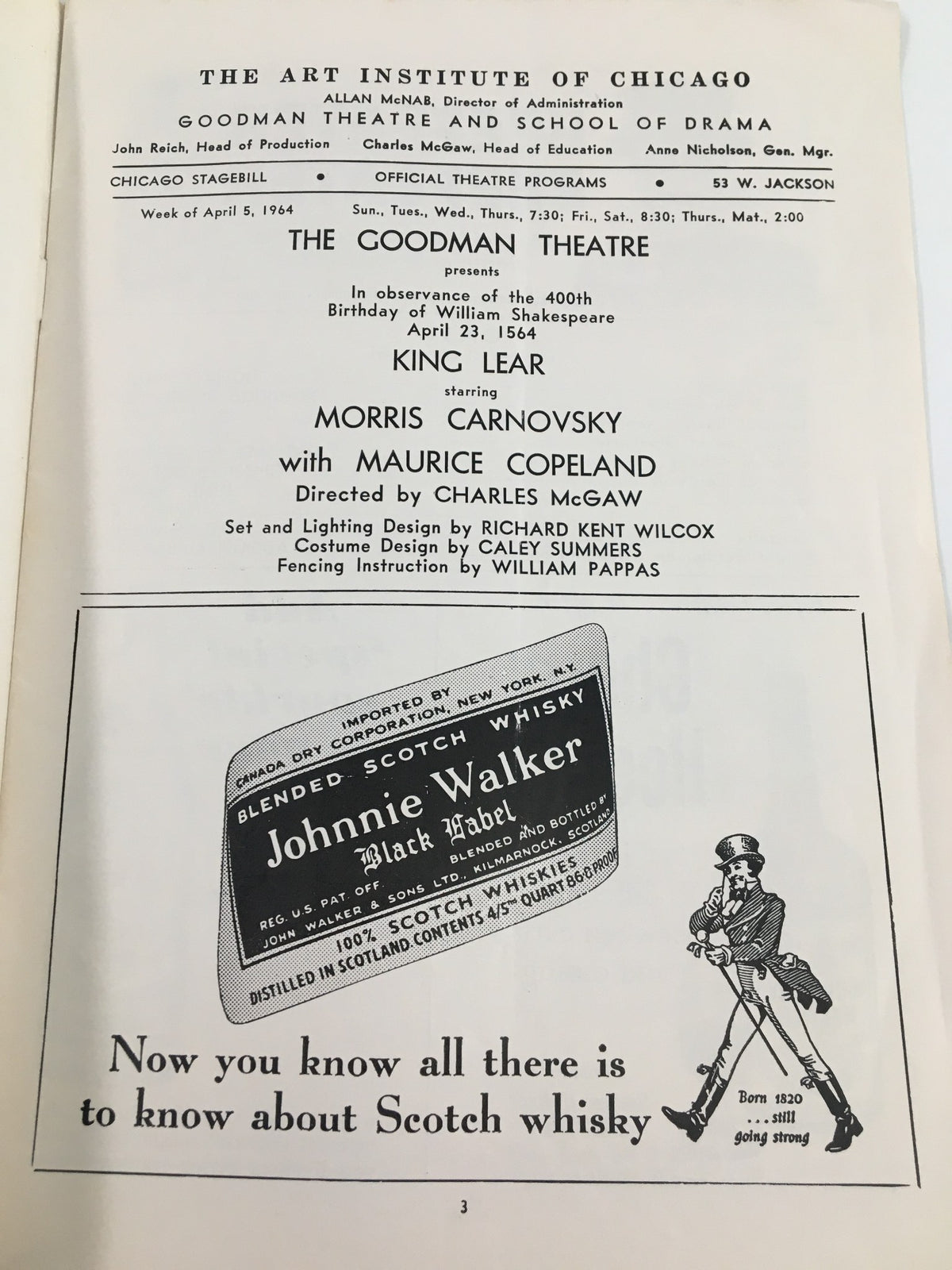 Inside page of the 1964 Stagebill from Goodman Theatre for 'King Lear', featuring performance details including the cast and production team.