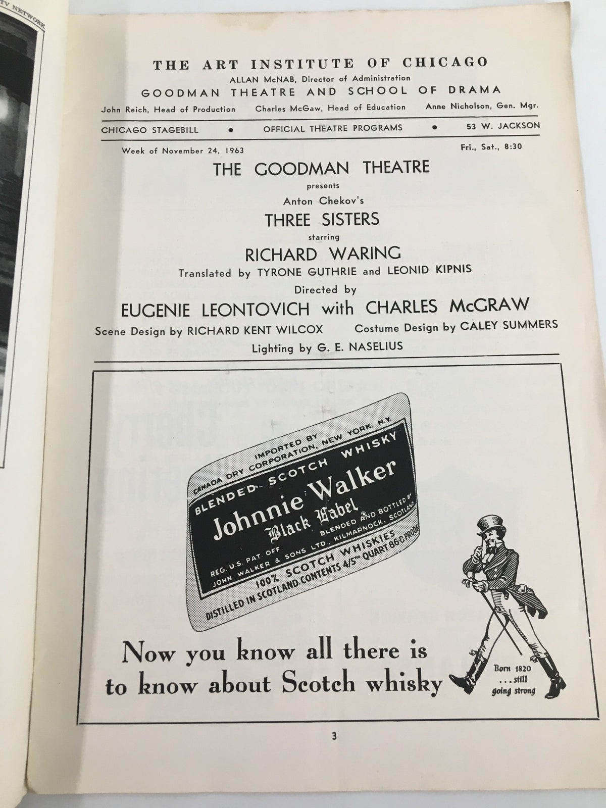 1963 Stagebill The Goodman Theatre, an interior page detailing the production of Three Sisters featuring Richard Waring, directed by Eugenie Leontovich with a Johnnie Walker whiskey advertisement.