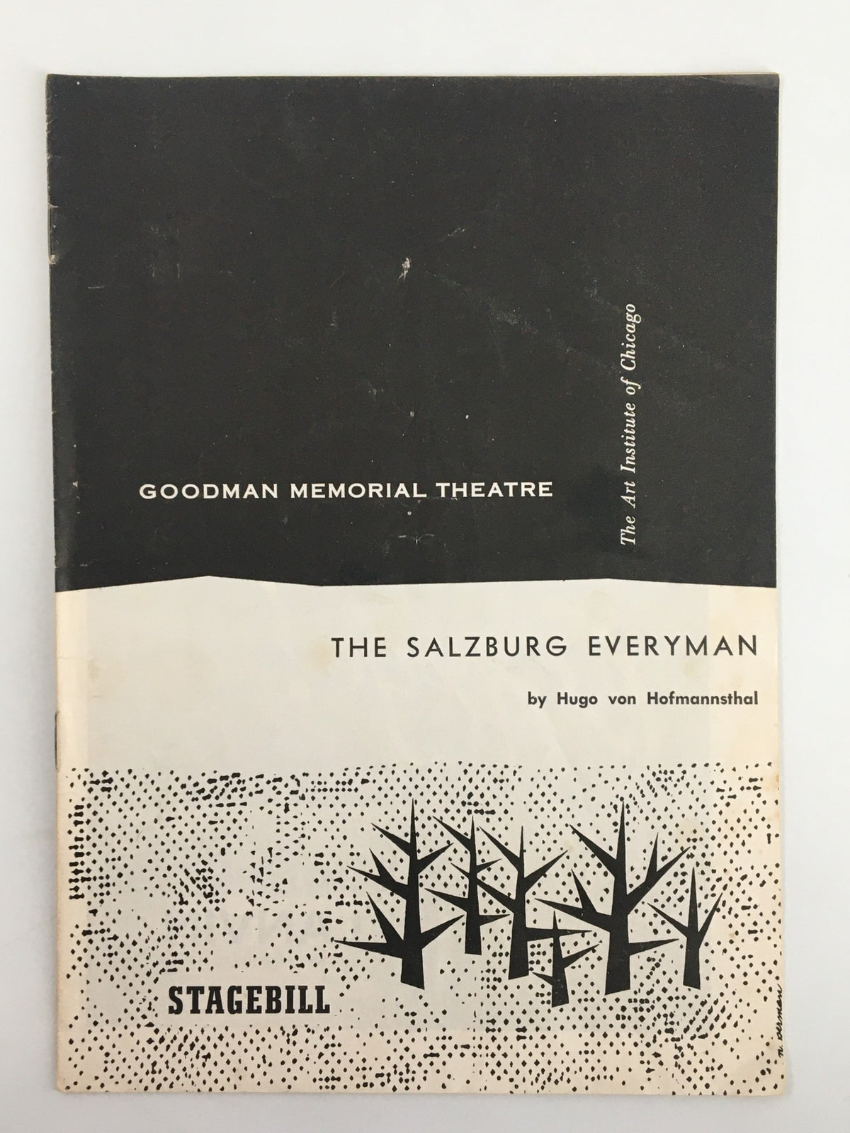 Vintage 1957 Stagebill from The Goodman Theatre featuring 'The Salzburg Everyman' by Hugo von Hofmannsthal. The cover showcases elegant typography and artistic design, capturing the essence of classic theatre.