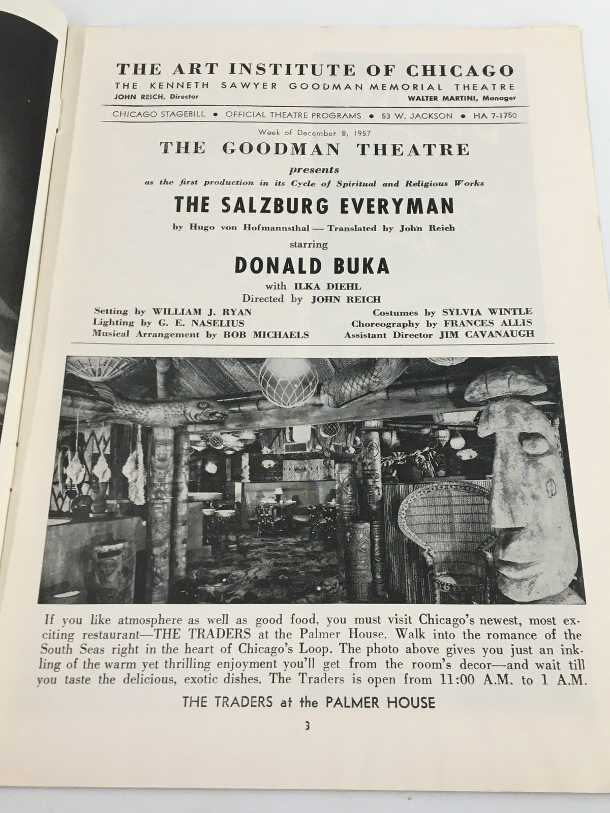 1957 Stagebill from The Goodman Theatre featuring Donald Buka in The Salzburg Everyman, showcasing vintage theatre design elements.