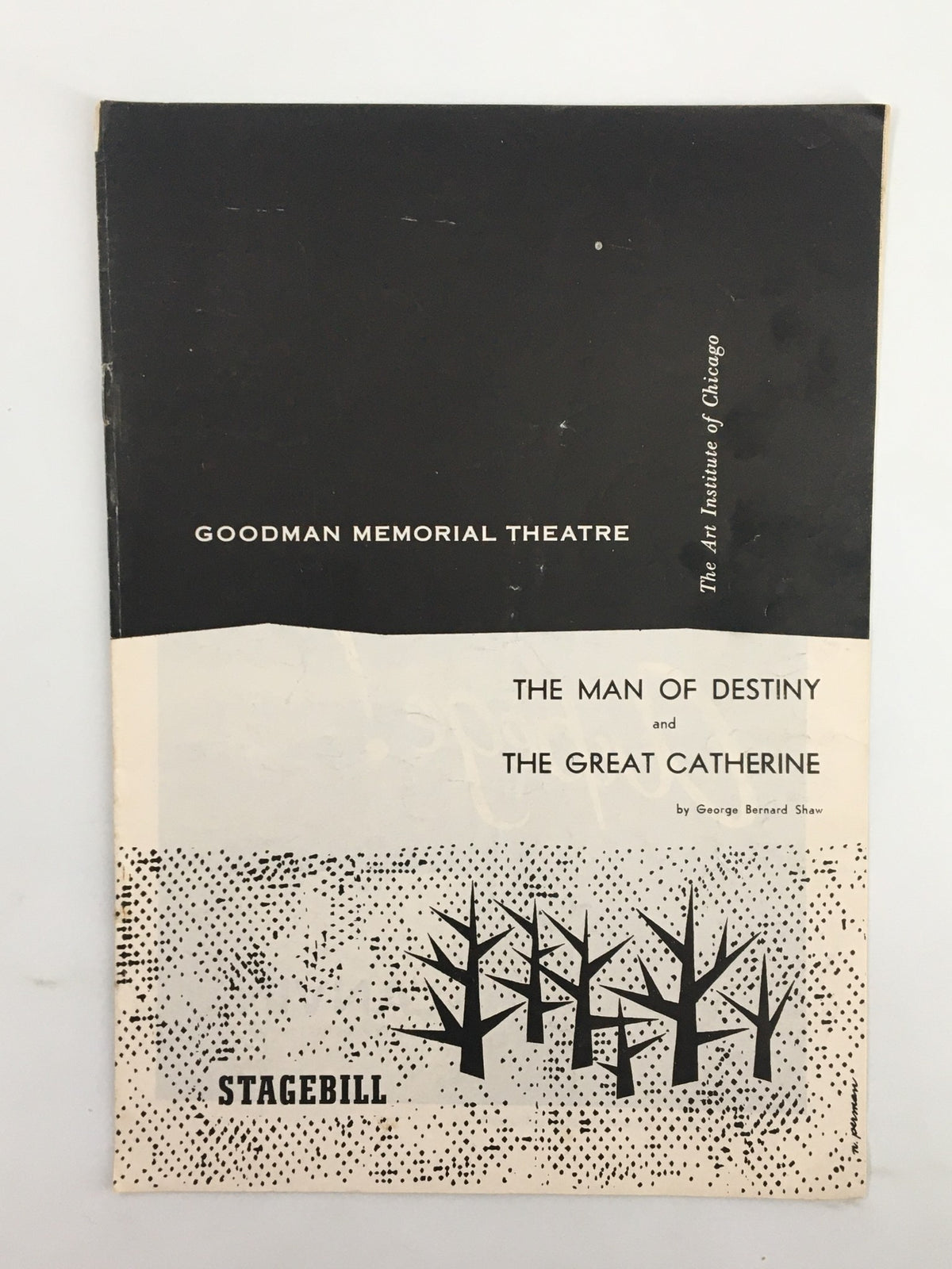 1958 Stagebill The Goodman Theatre featuring the plays The Man of Destiny and The Great Catherine, showcasing a vintage art design with trees and a minimalist aesthetic.